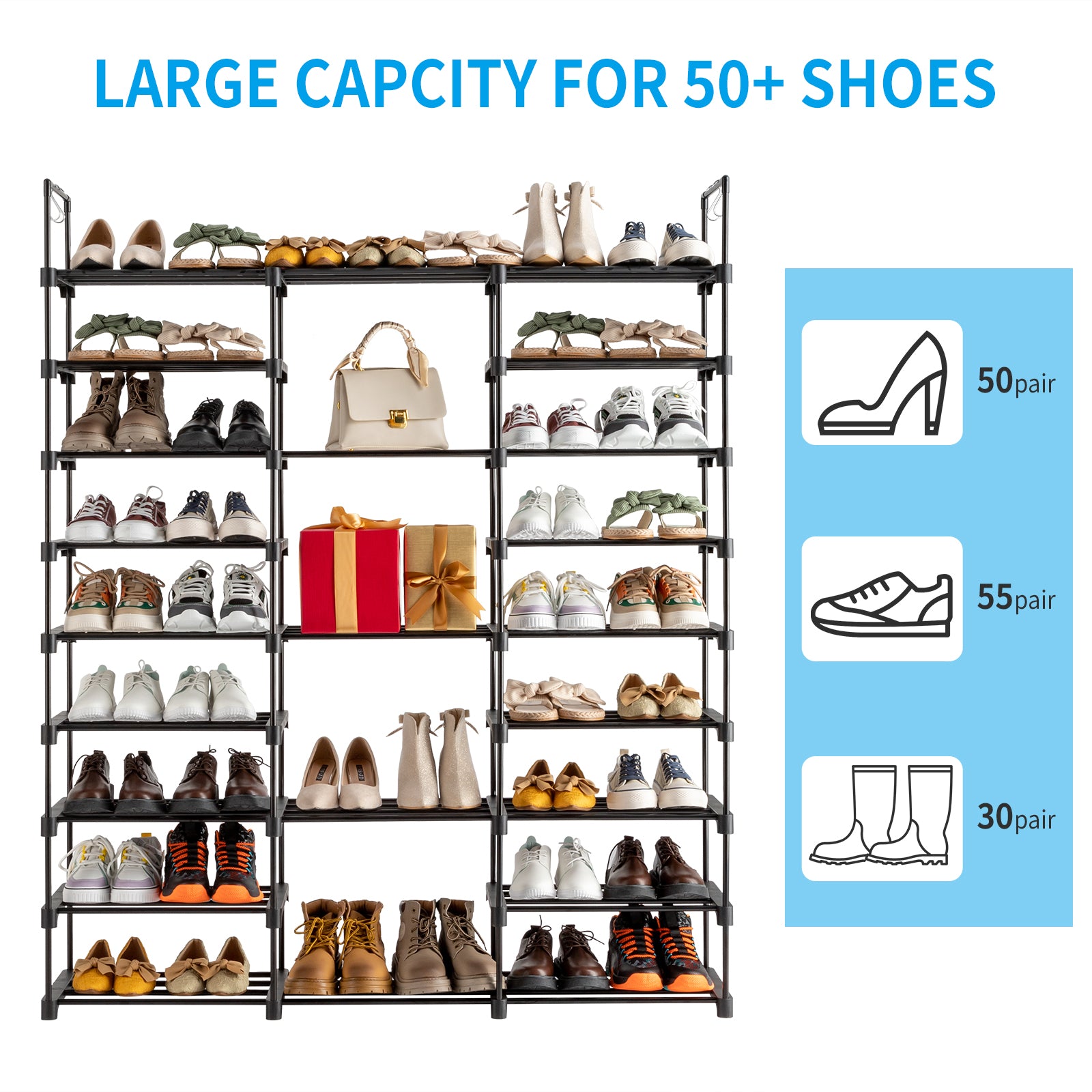 9-Tier Stackable Shoe Rack Organizer for 50-55 Pairs