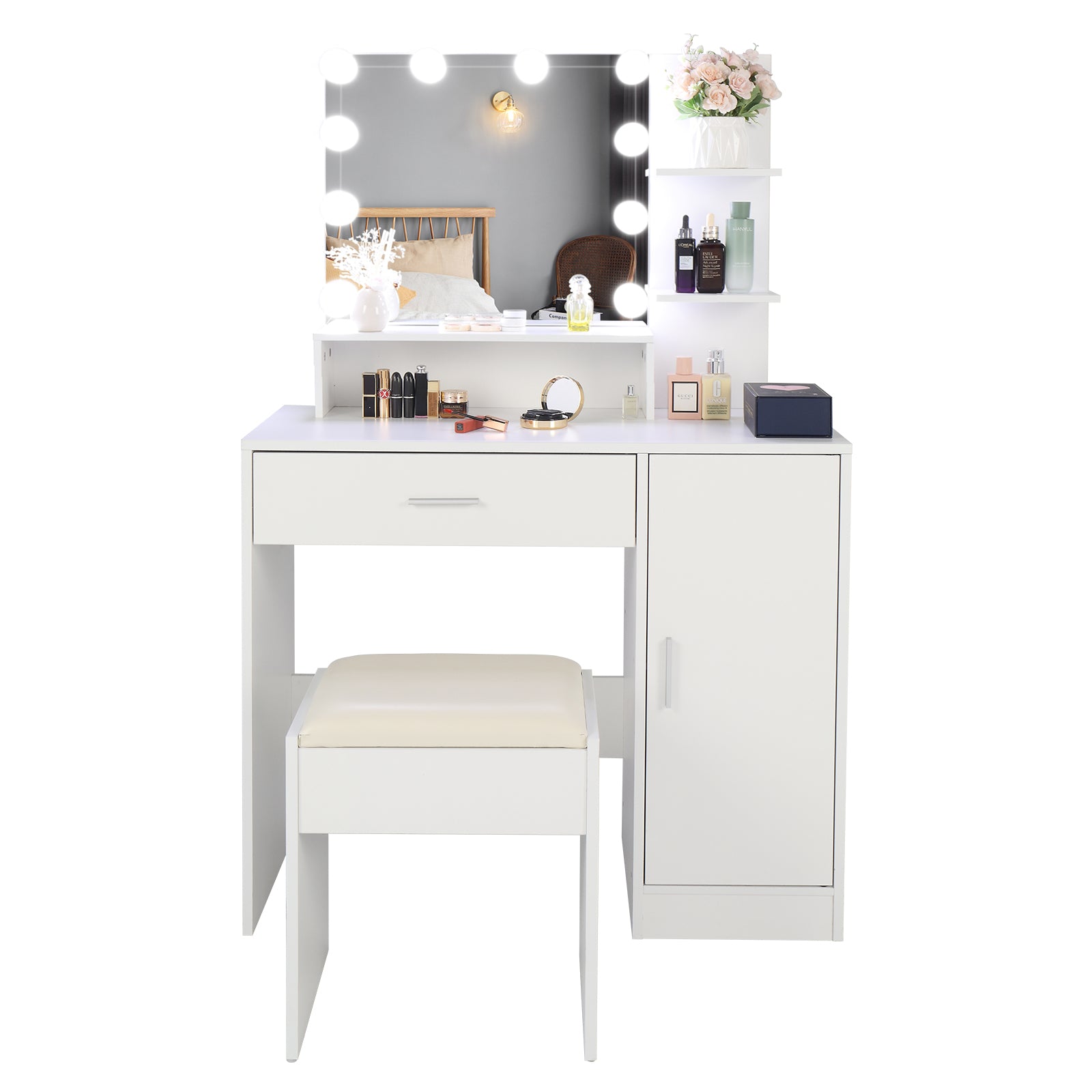 White Large Vanity Set with LED Lights, Makeup Table & Cushioned Stool