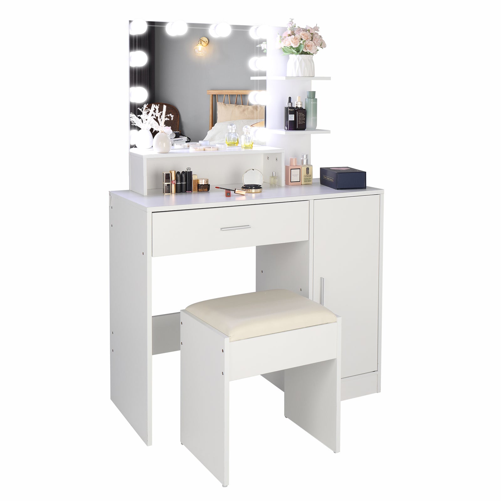 White Large Vanity Set with LED Lights, Makeup Table & Cushioned Stool