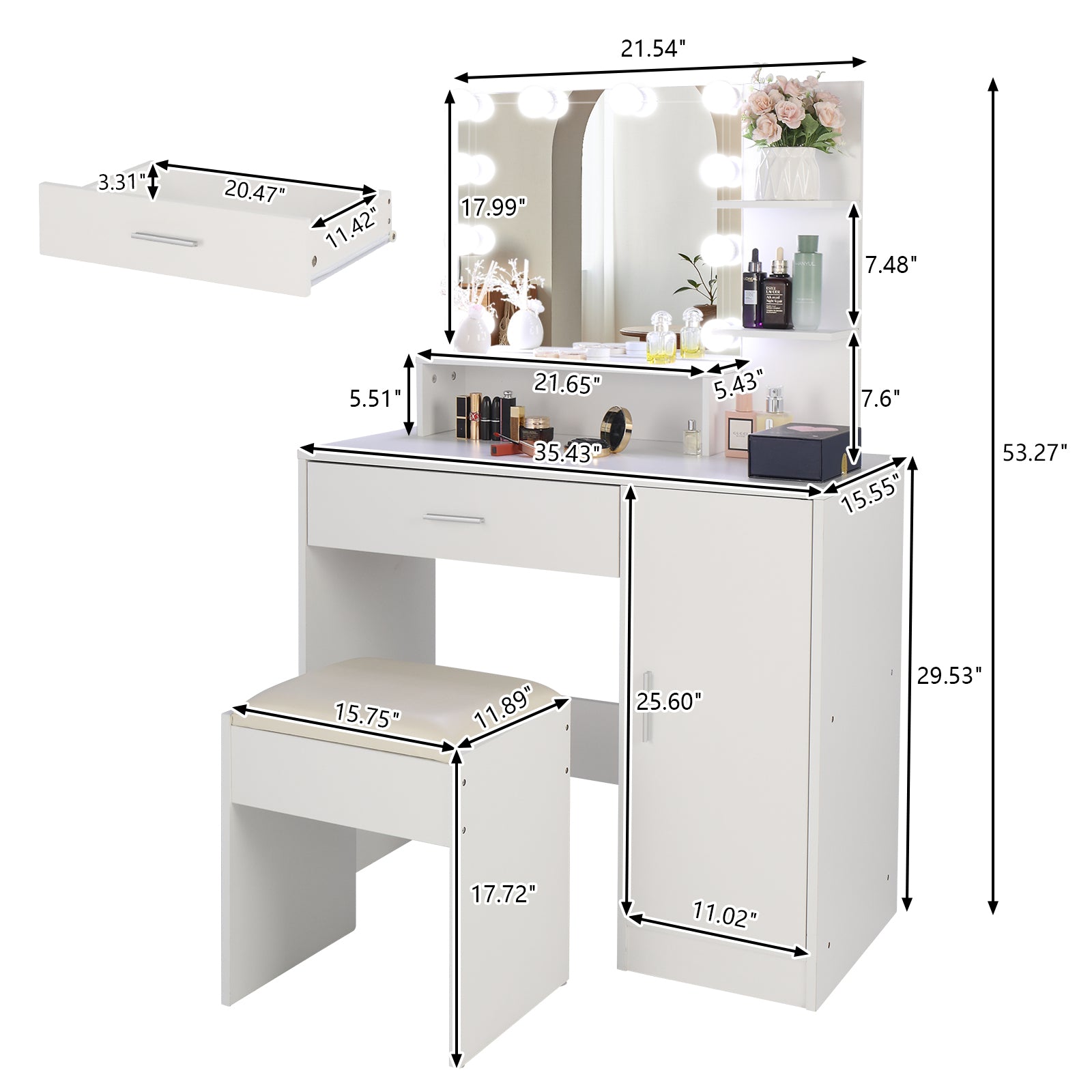 White Large Vanity Set with LED Lights, Makeup Table & Cushioned Stool