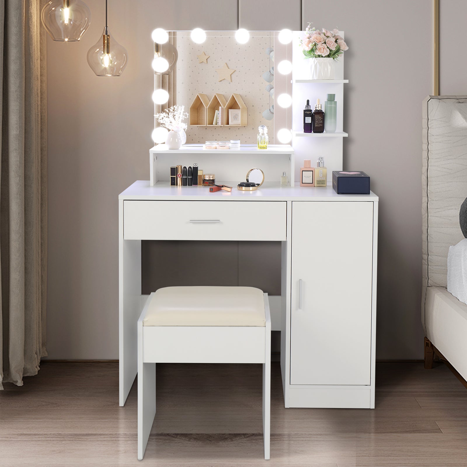 White Large Vanity Set with LED Lights, Makeup Table & Cushioned Stool