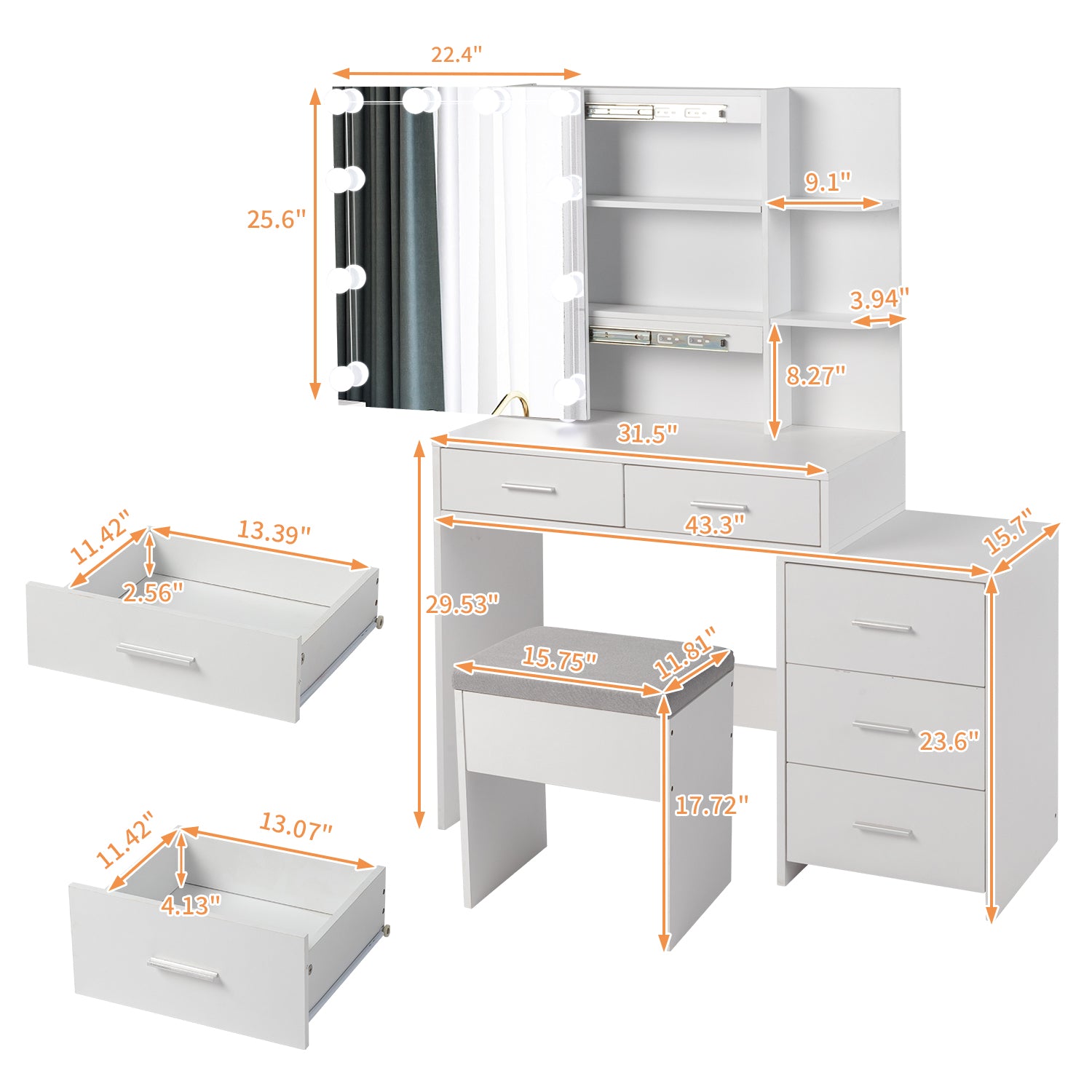 White Bedside Table Dresser 5 Drawers & Dimmable LED Lights