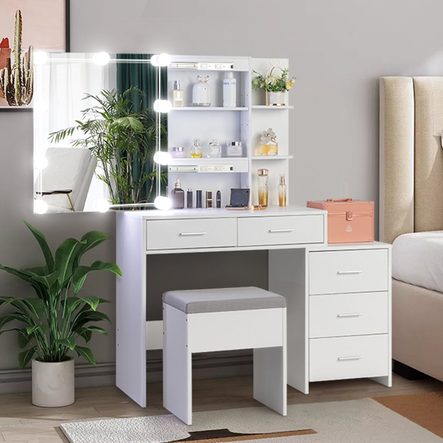 White Bedside Table Dresser 5 Drawers & Dimmable LED Lights