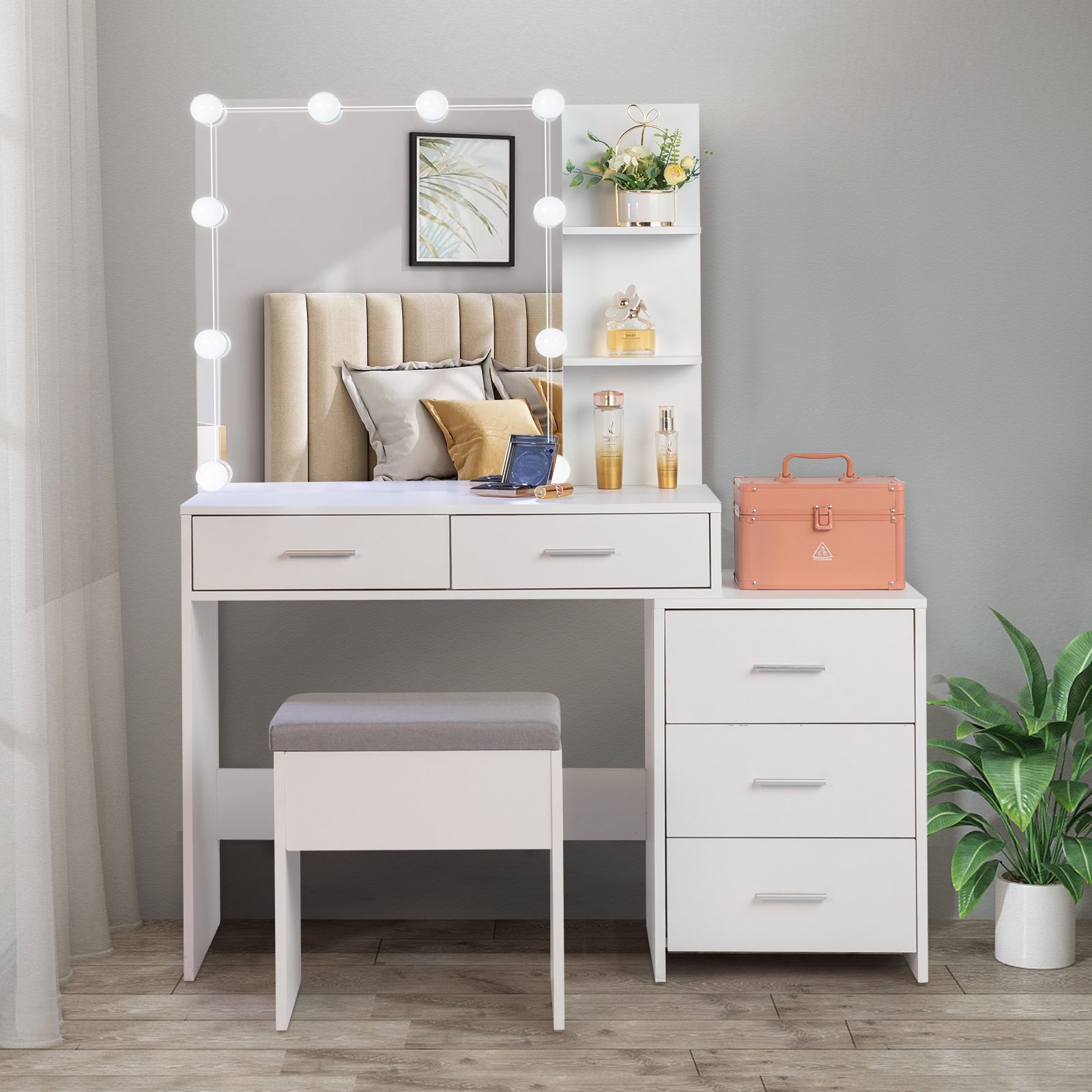 White Bedside Table Dresser 5 Drawers & Dimmable LED Lights