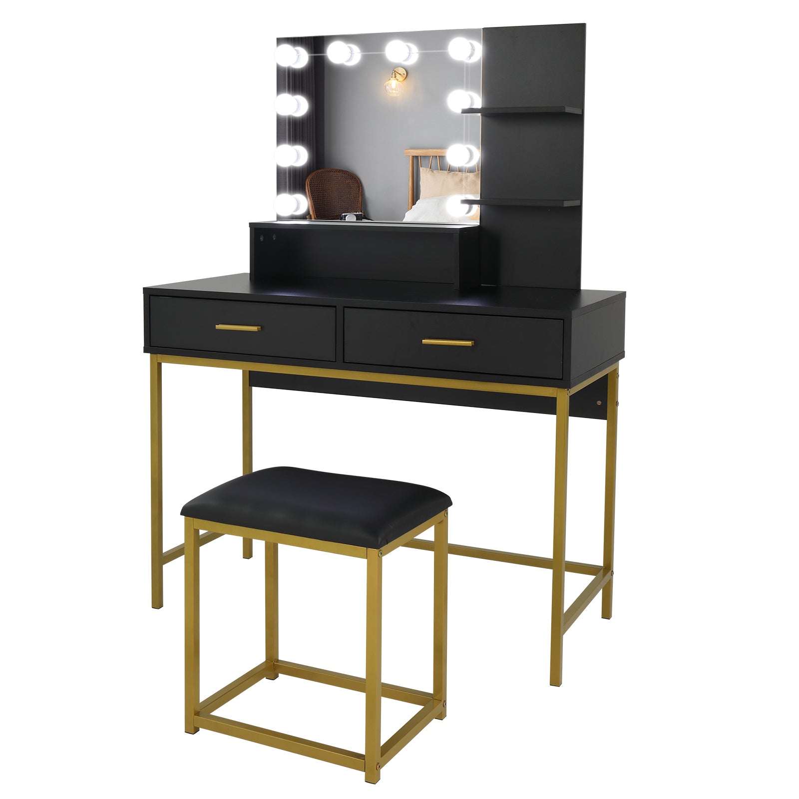 2 Drawers & Cushioned Stool Makeup Table with Drawers