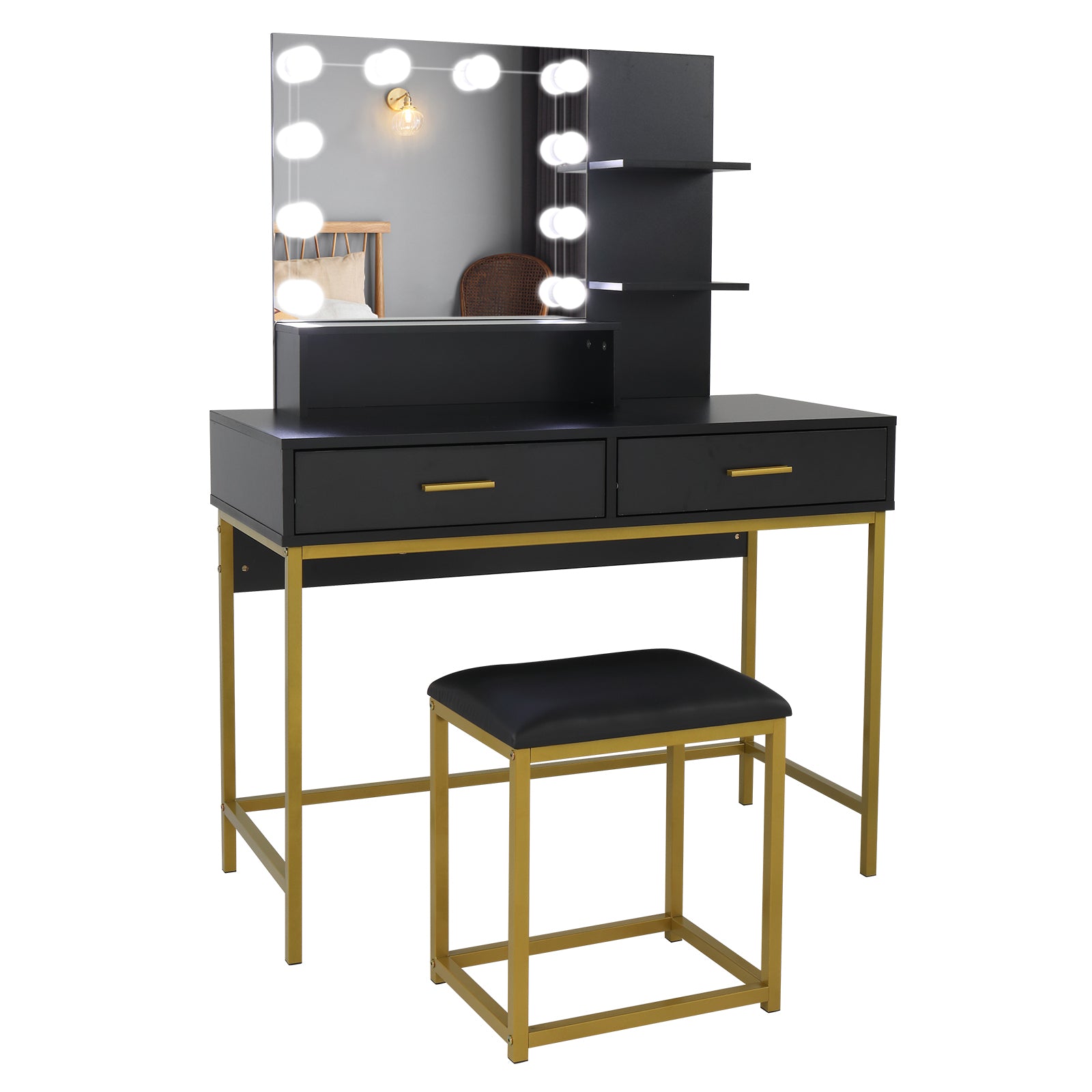 2 Drawers & Cushioned Stool Makeup Table with Drawers