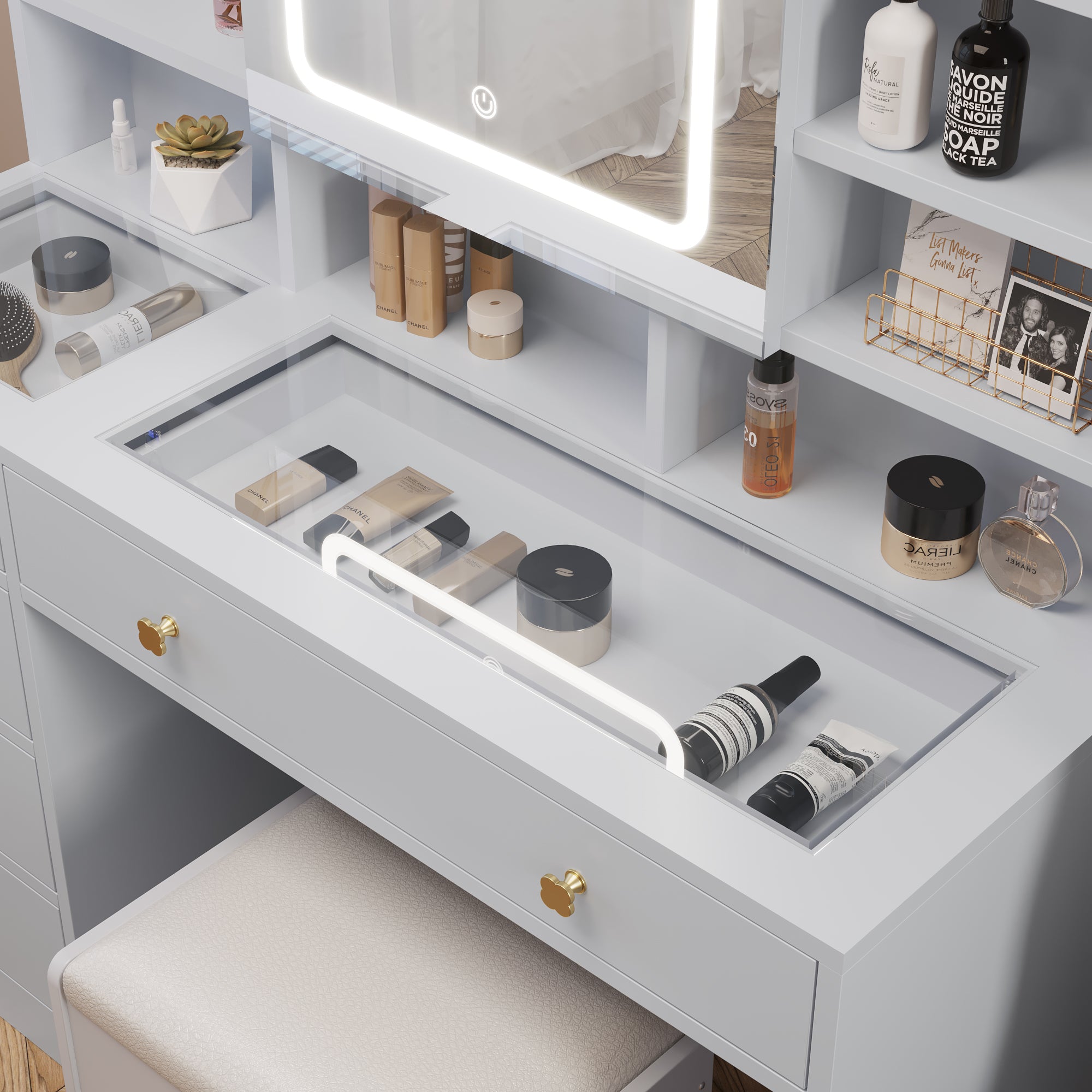 Dressing Table Set with Glass Top