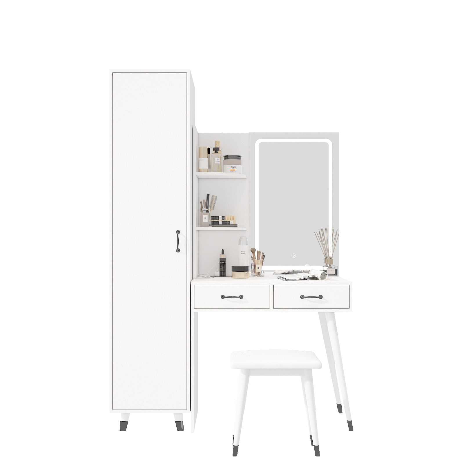 Makeup Vanity Table and Slim Armoire Wardrobe Set, Dressing Table with LED Mirror and Power Outlets and 2 Drawers, Tall Bedroom Closet with Hanging Rod, White