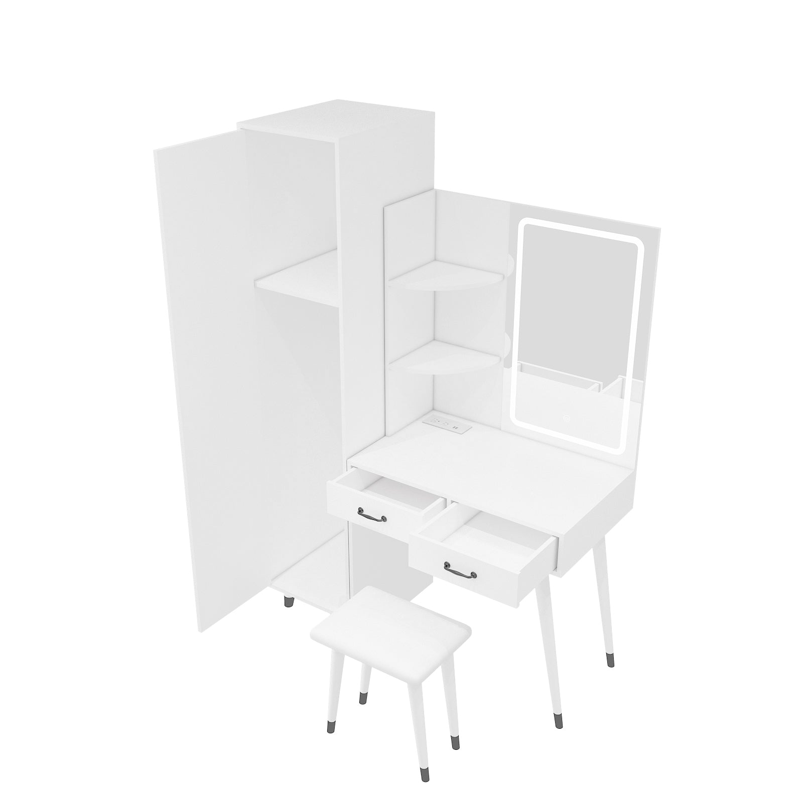 Makeup Vanity Table and Slim Armoire Wardrobe Set, Dressing Table with LED Mirror and Power Outlets and 2 Drawers, Tall Bedroom Closet with Hanging Rod, White