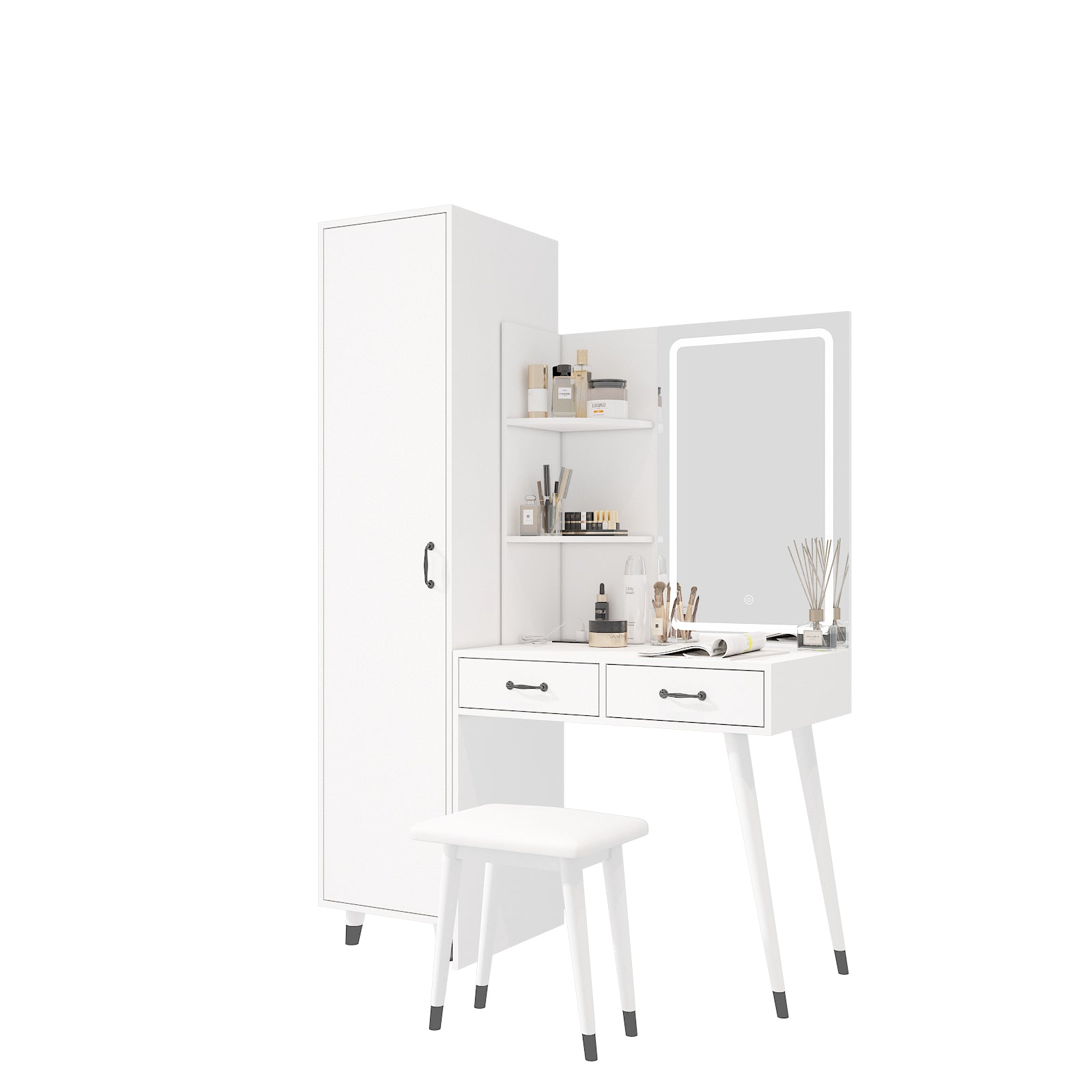 Makeup Vanity Table and Slim Armoire Wardrobe Set, Dressing Table with LED Mirror and Power Outlets and 2 Drawers, Tall Bedroom Closet with Hanging Rod, White