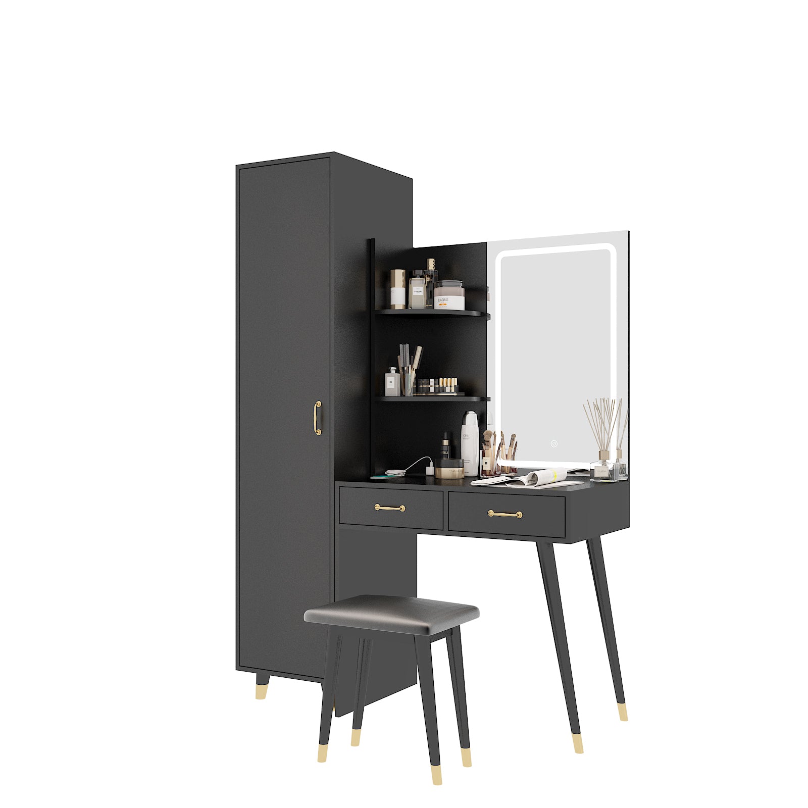 Makeup Vanity Table and Slim Armoire Wardrobe Set, Dressing Table with LED Mirror and Power Outlets and 2 Drawers, Tall Bedroom Closet with Hanging Rod, Black