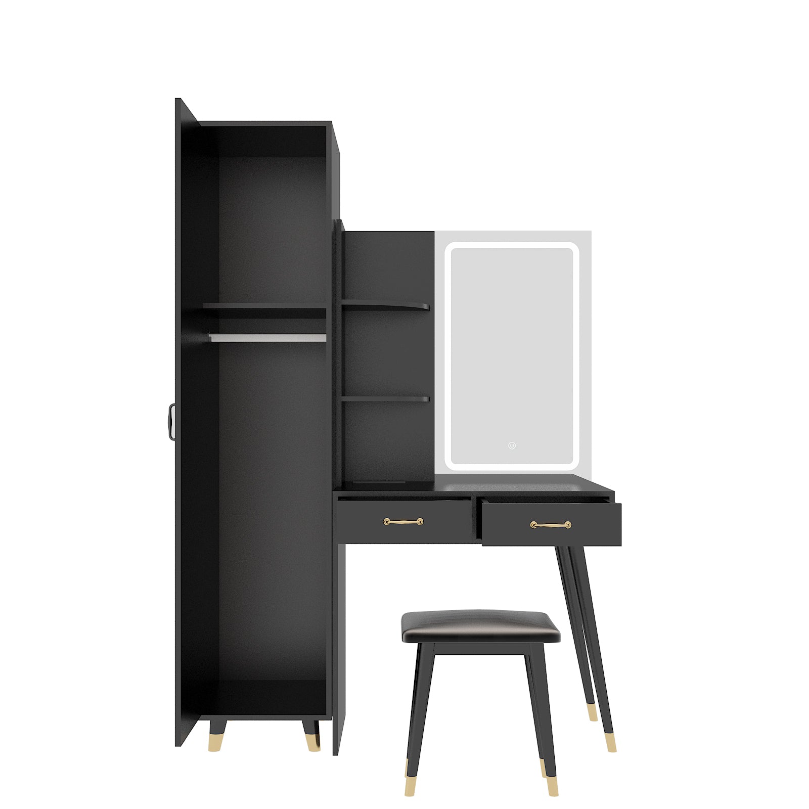 Makeup Vanity Table and Slim Armoire Wardrobe Set, Dressing Table with LED Mirror and Power Outlets and 2 Drawers, Tall Bedroom Closet with Hanging Rod, Black