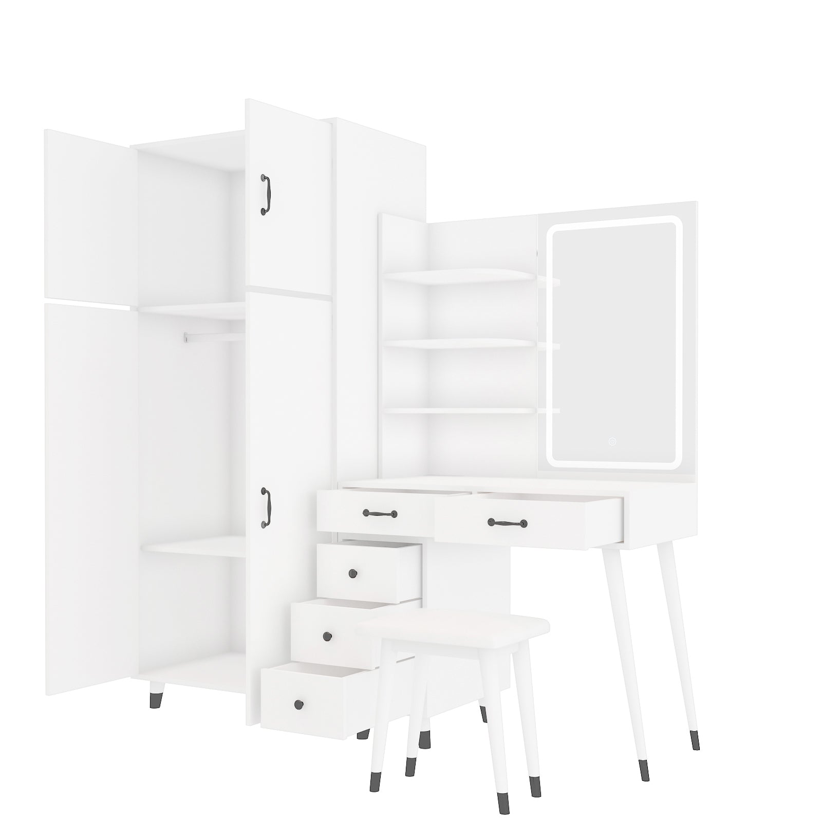 Makeup Vanity Table and Large Armoire Wardrobe Set, Dressing Table with LED Mirror and Power Outlets and 5 Drawers, 4 Door Bedroom Closet, White