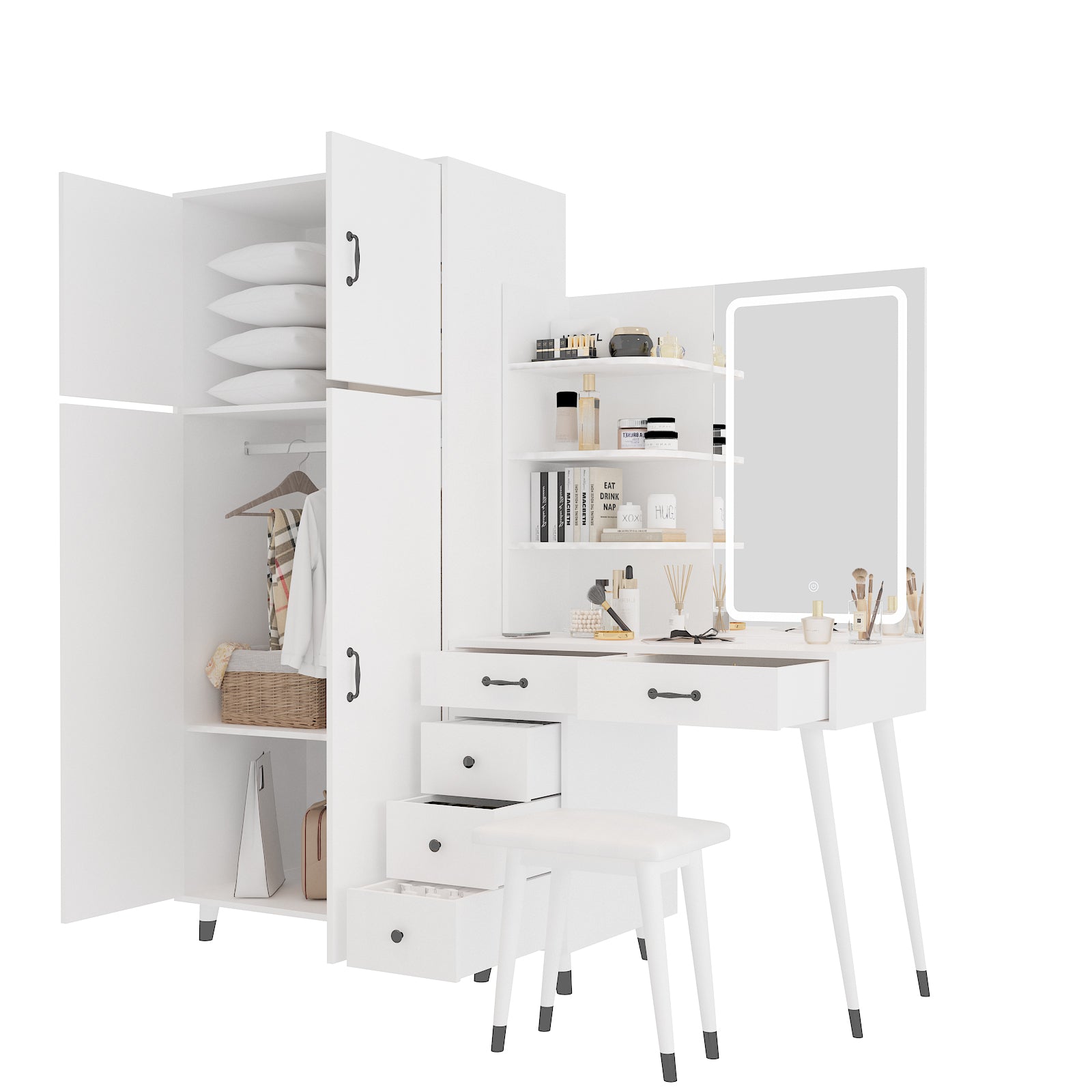 Makeup Vanity Table and Large Armoire Wardrobe Set, Dressing Table with LED Mirror and Power Outlets and 5 Drawers, 4 Door Bedroom Closet, White