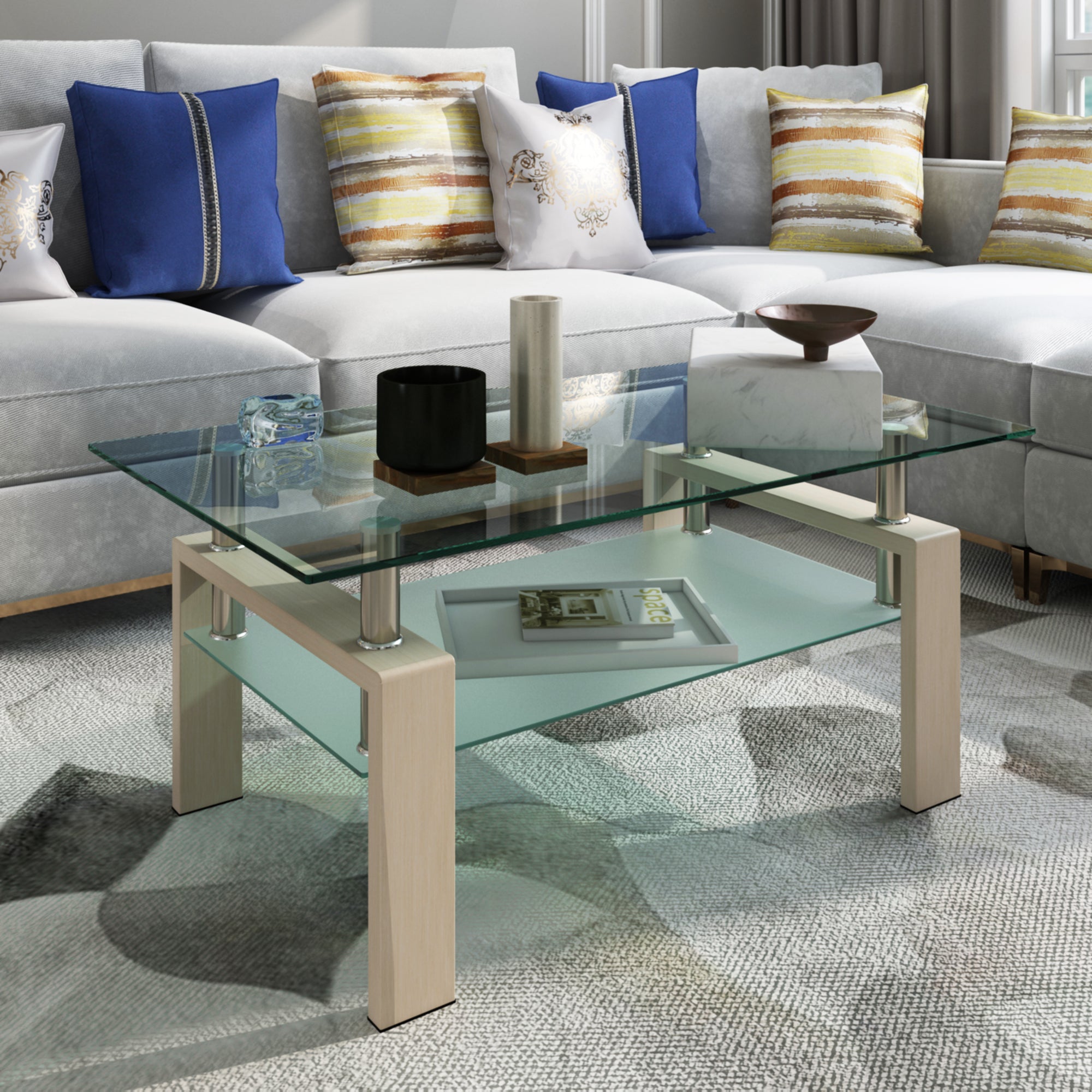 Rectangle  Glass Coffee Table, Clear Coffee Table Modern Side Center Tables for Living Room Living Room Furniture