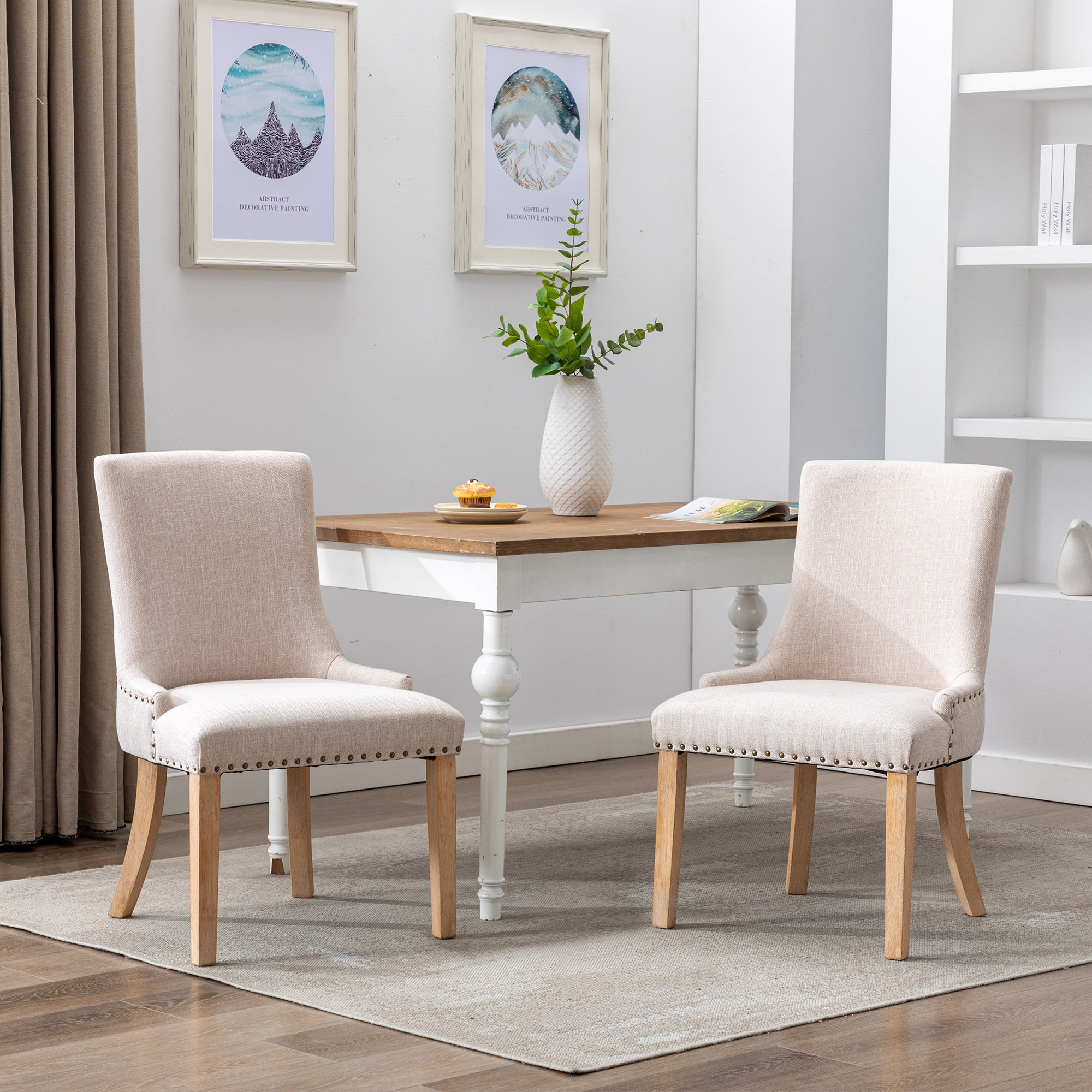 Set of 2 Fabric Dining Chairs Leisure Padded Chairs with  Rubber Wood Legs,Nailed Trim, Beige