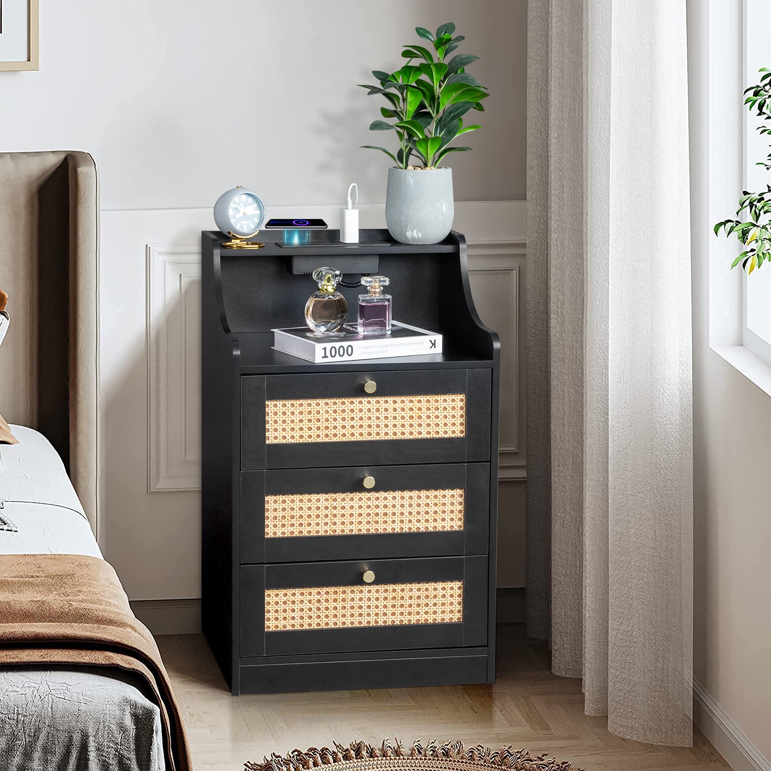 Black Rattan Bedside Table