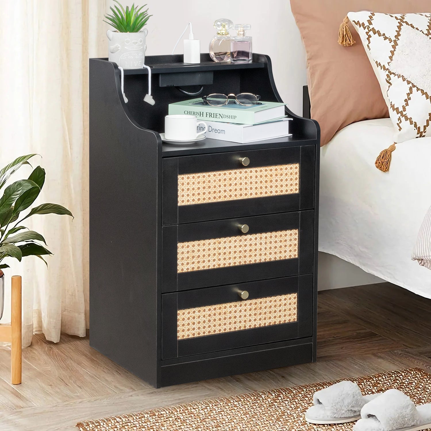 Black Rattan Bedside Table