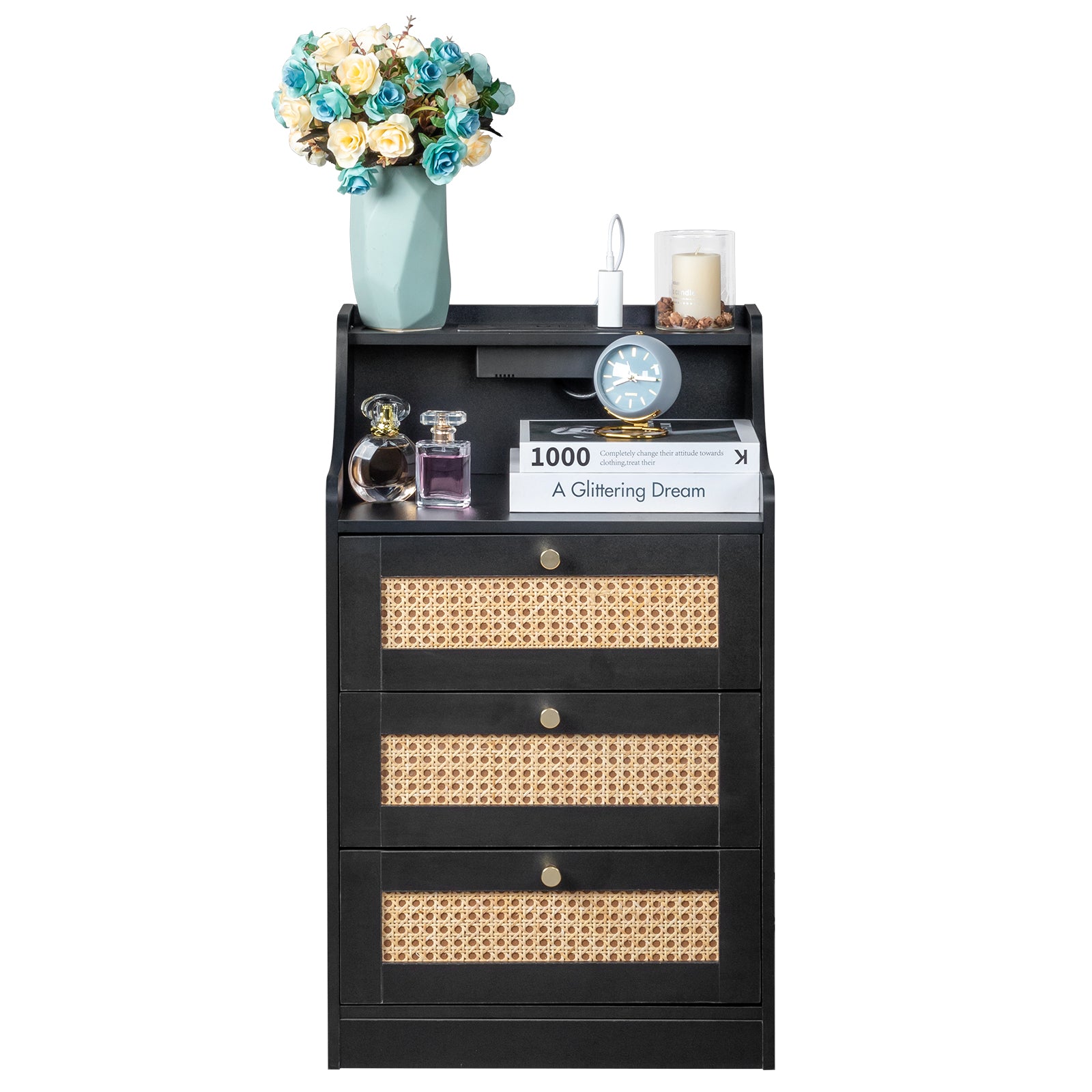 Black Rattan Bedside Table