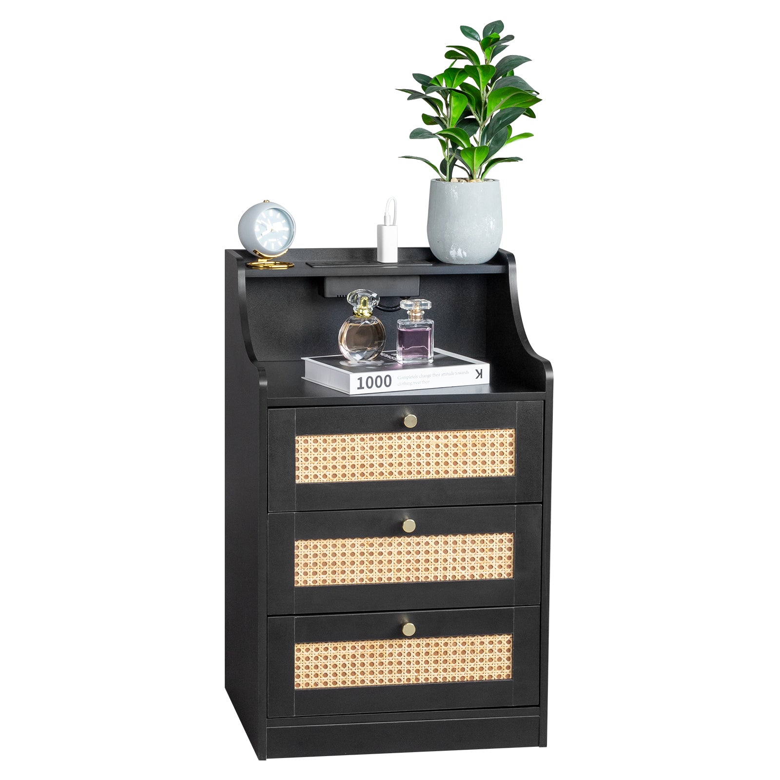 Black Rattan Bedside Table