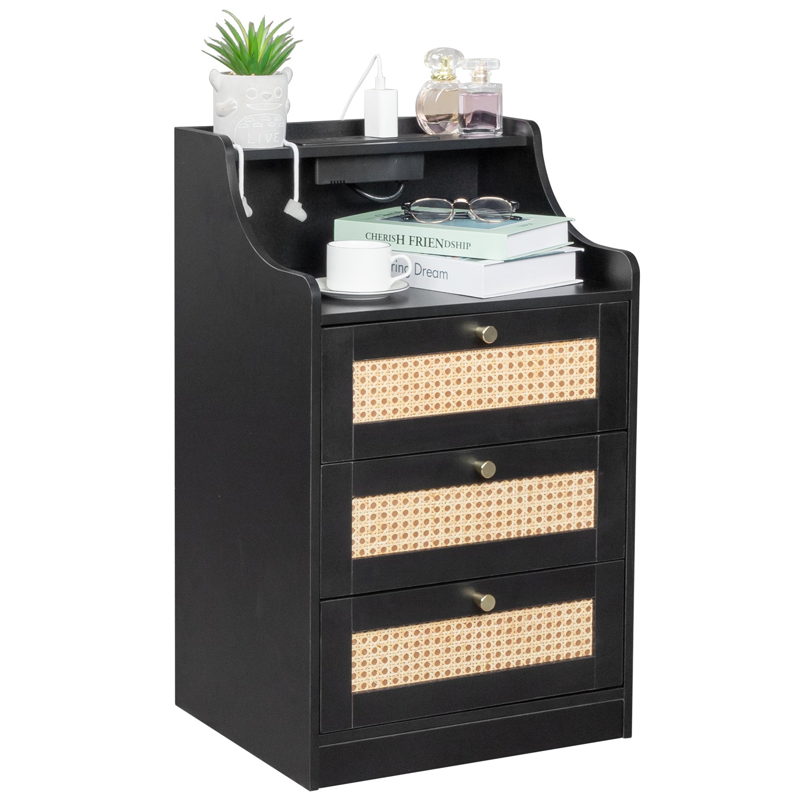 Black Rattan Bedside Table