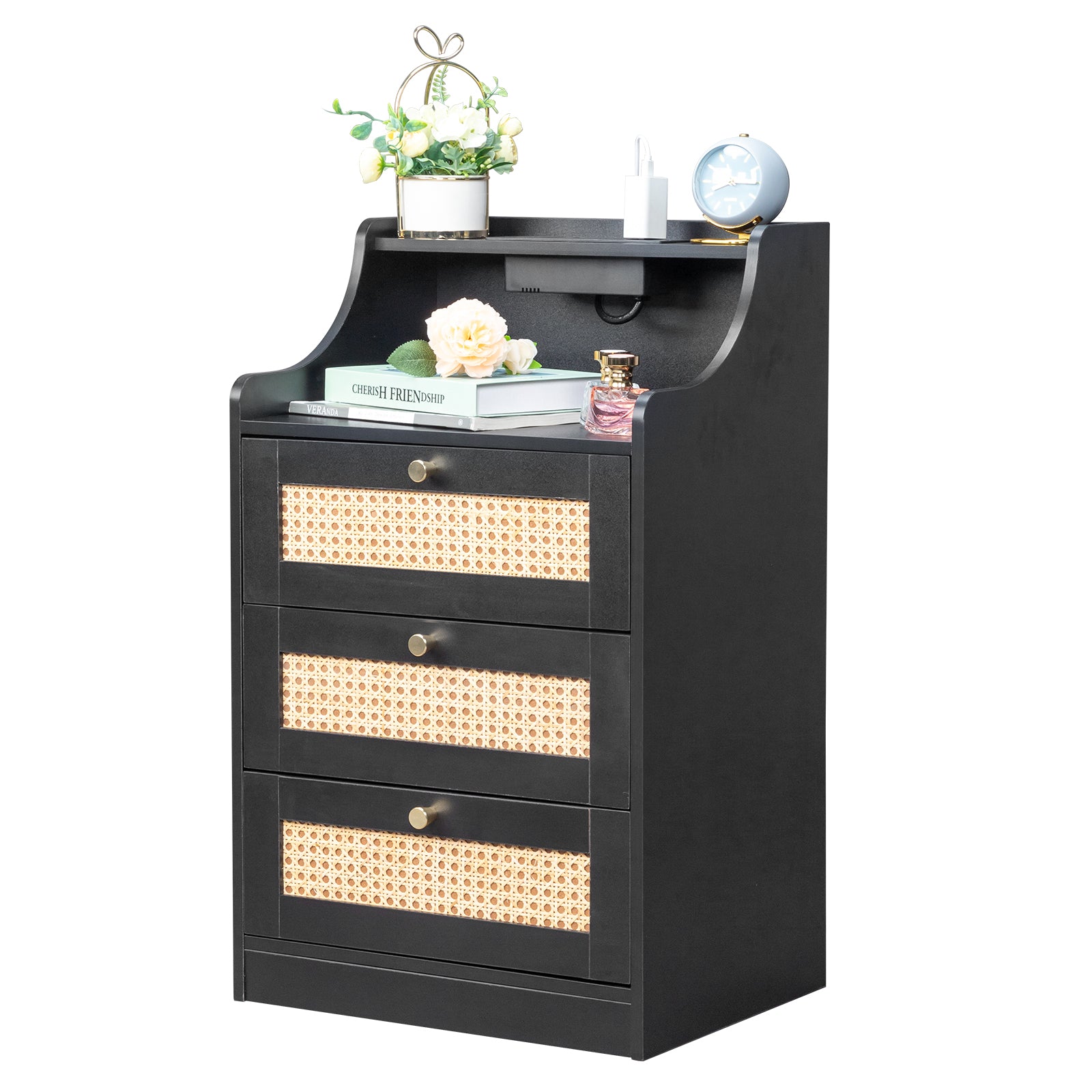 Black Rattan Bedside Table
