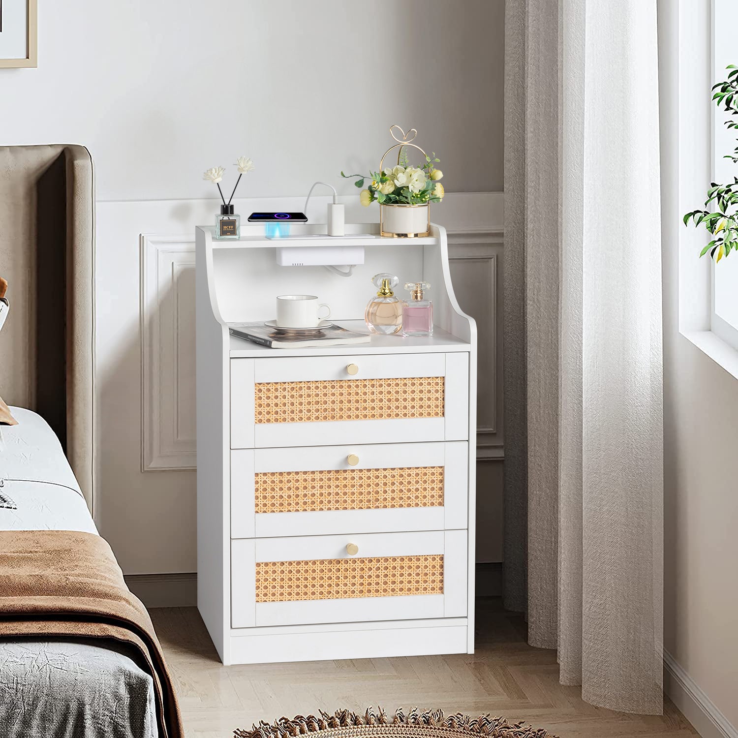 White Rattan Bedside Table Dresser