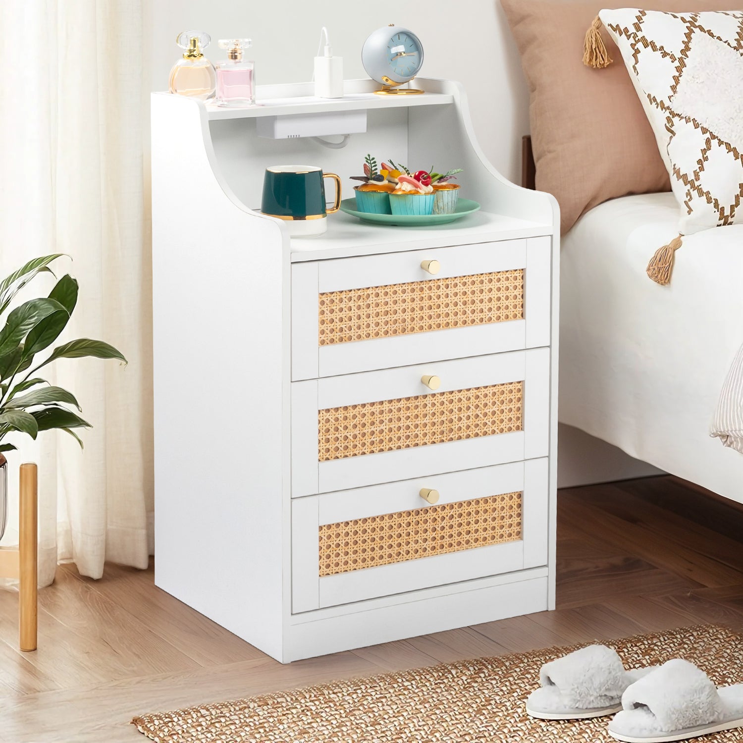 White Rattan Bedside Table Dresser