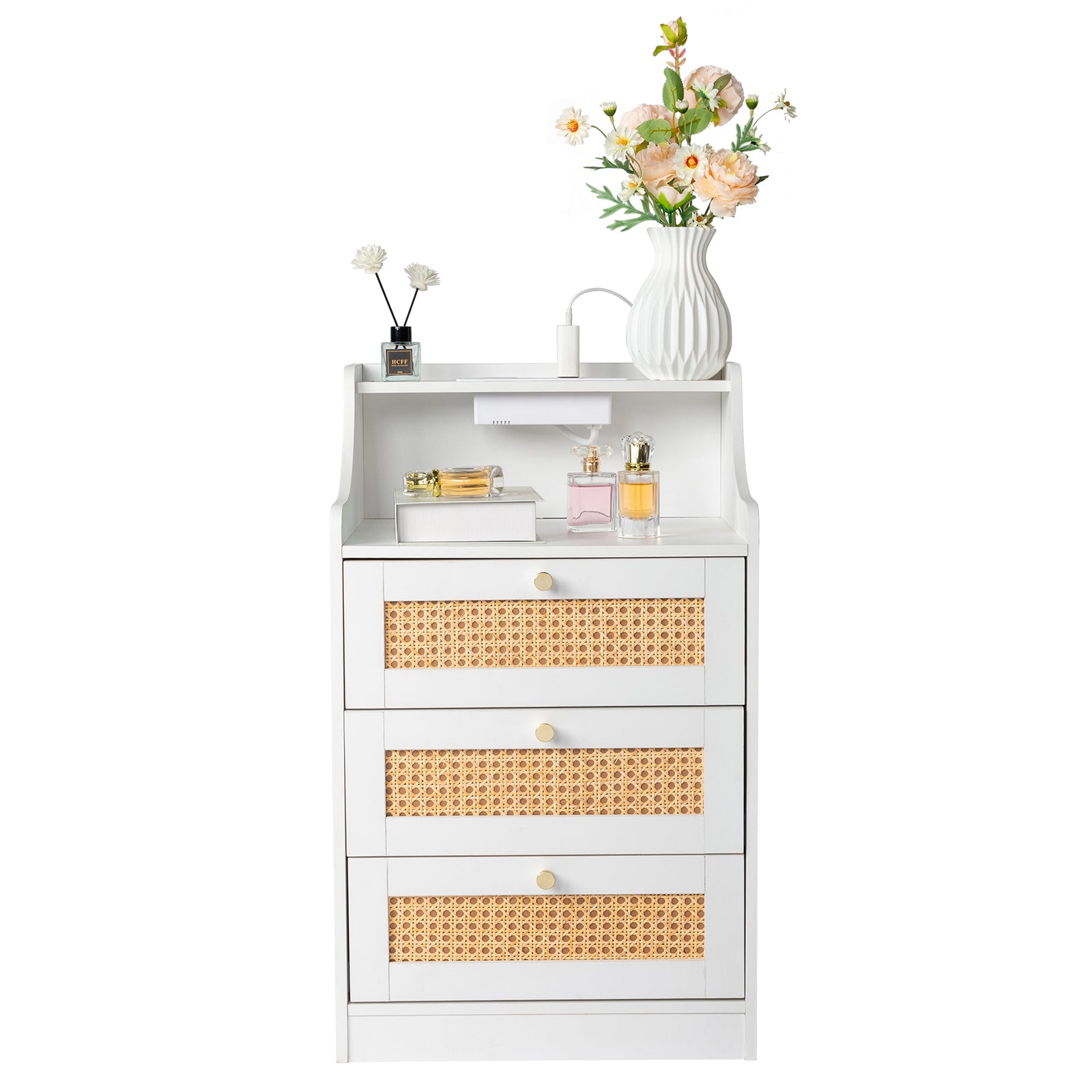 White Rattan Bedside Table Dresser