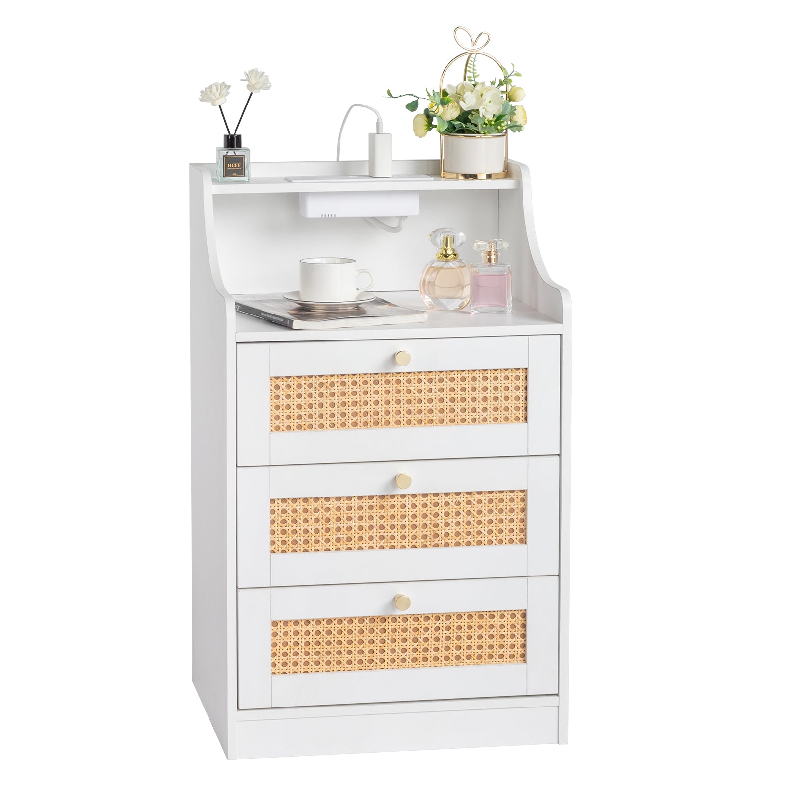 White Rattan Bedside Table Dresser
