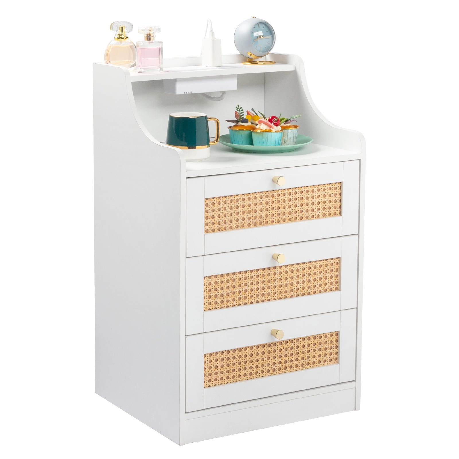White Rattan Bedside Table Dresser