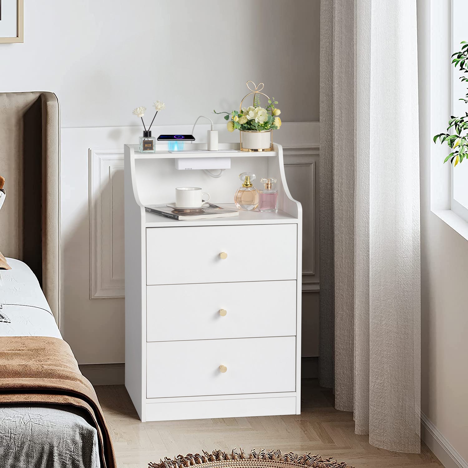 White Bedside Table with 3 Drawers