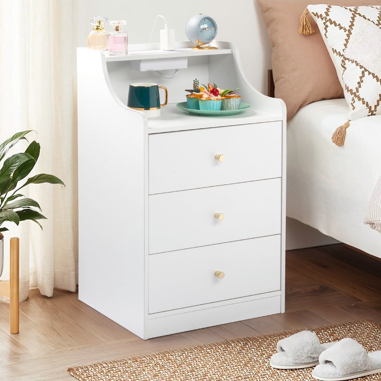 White Bedside Table with 3 Drawers