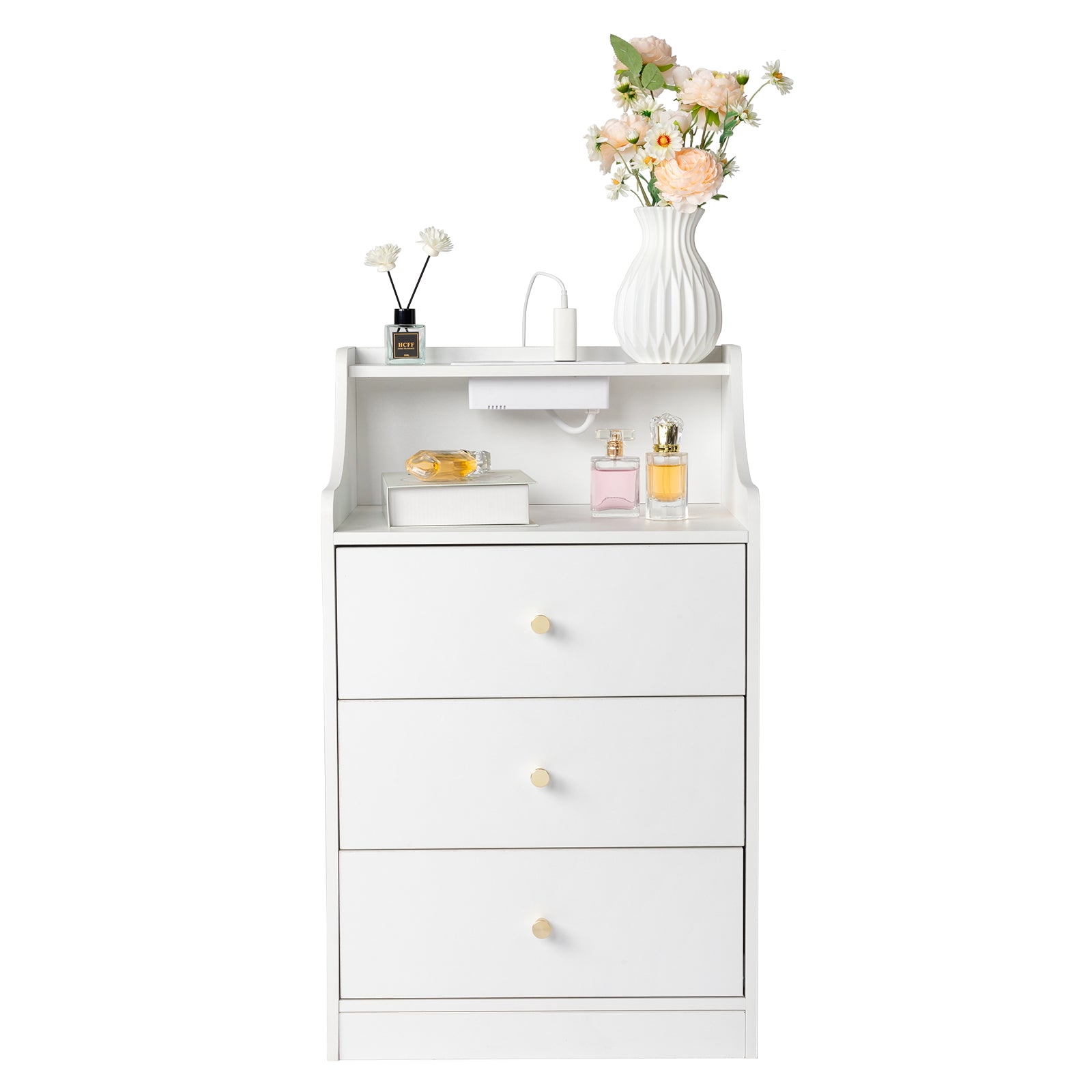 White Bedside Table with 3 Drawers