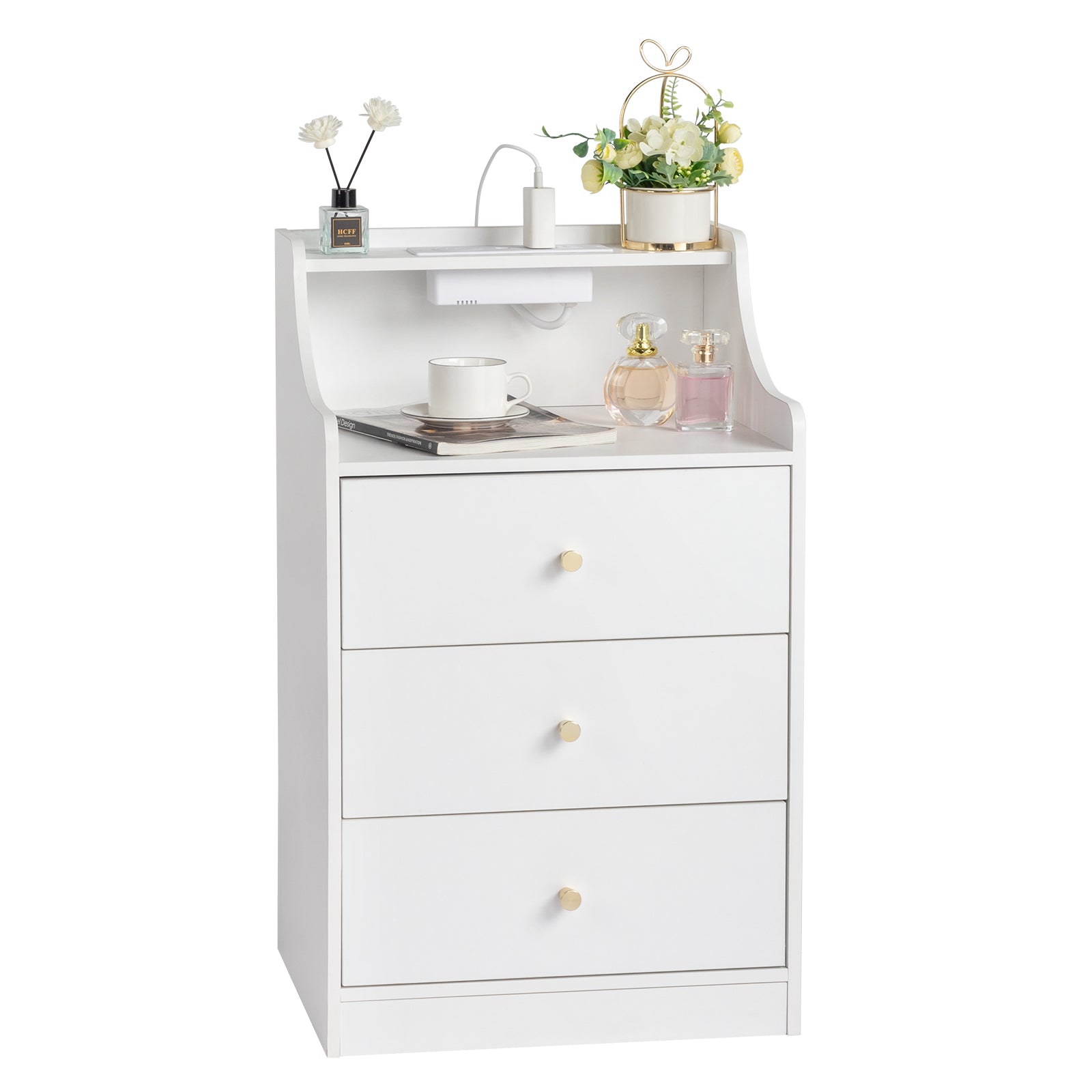 White Bedside Table with 3 Drawers