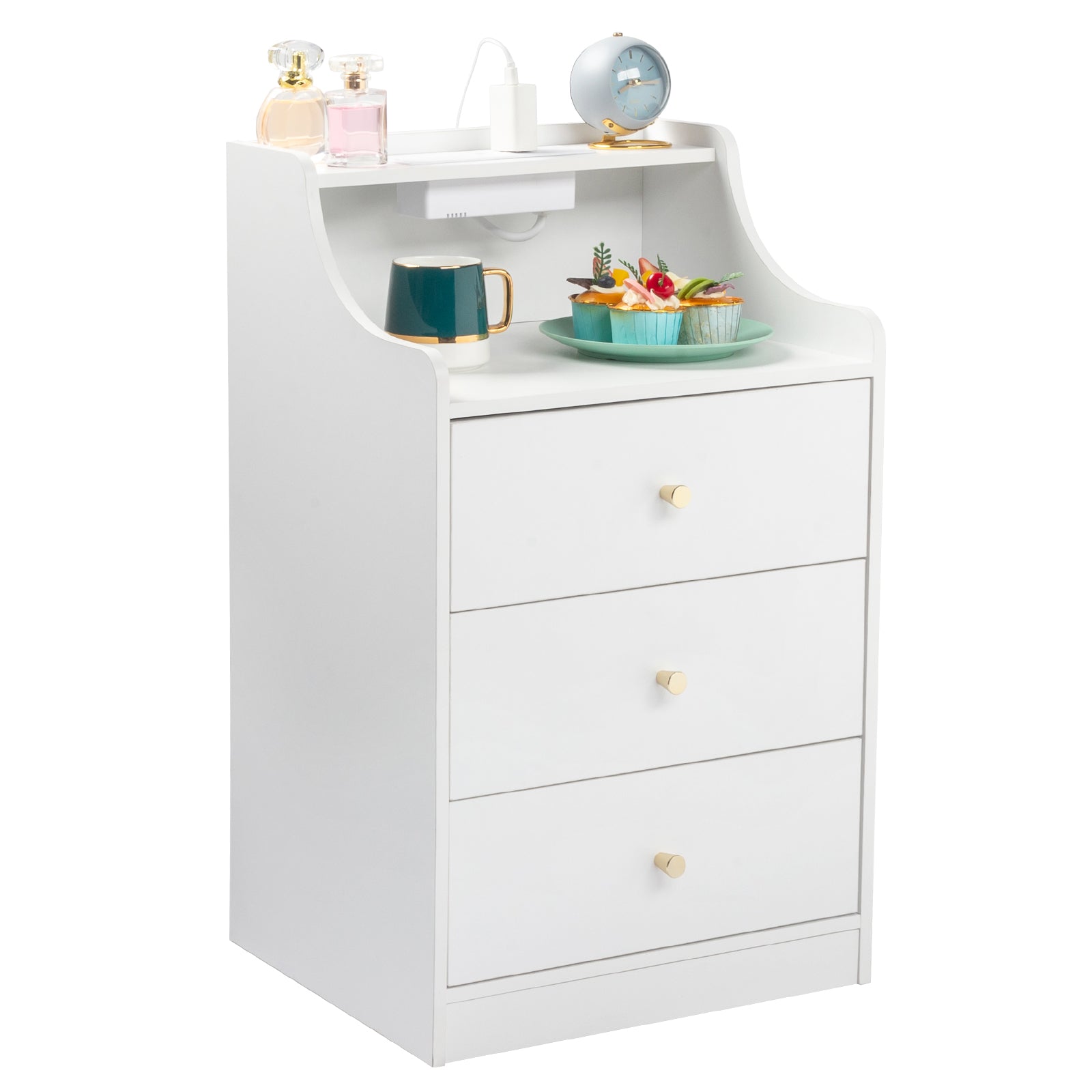 White Bedside Table with 3 Drawers