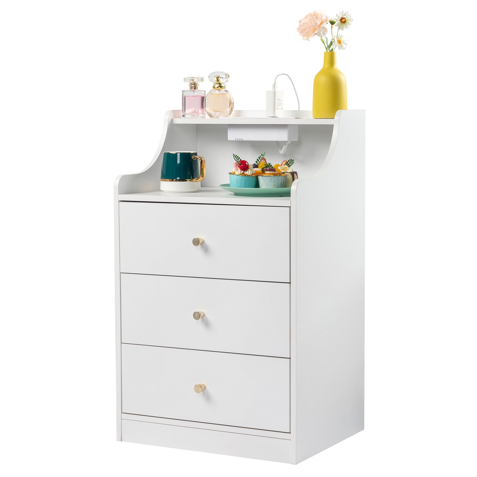 White Bedside Table with 3 Drawers