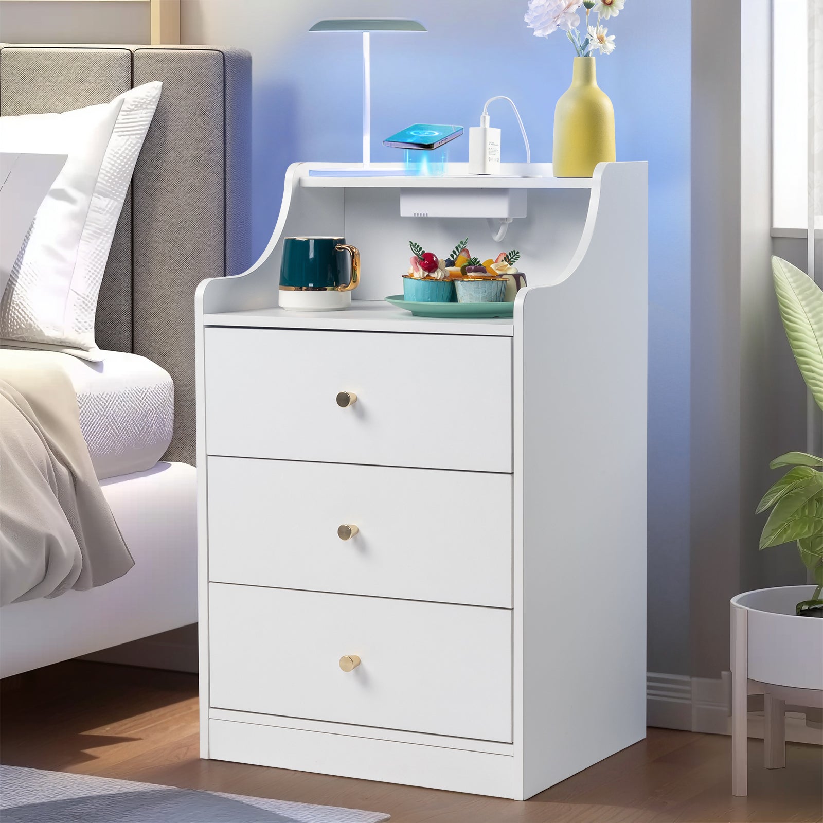 White Bedside Table with 3 Drawers
