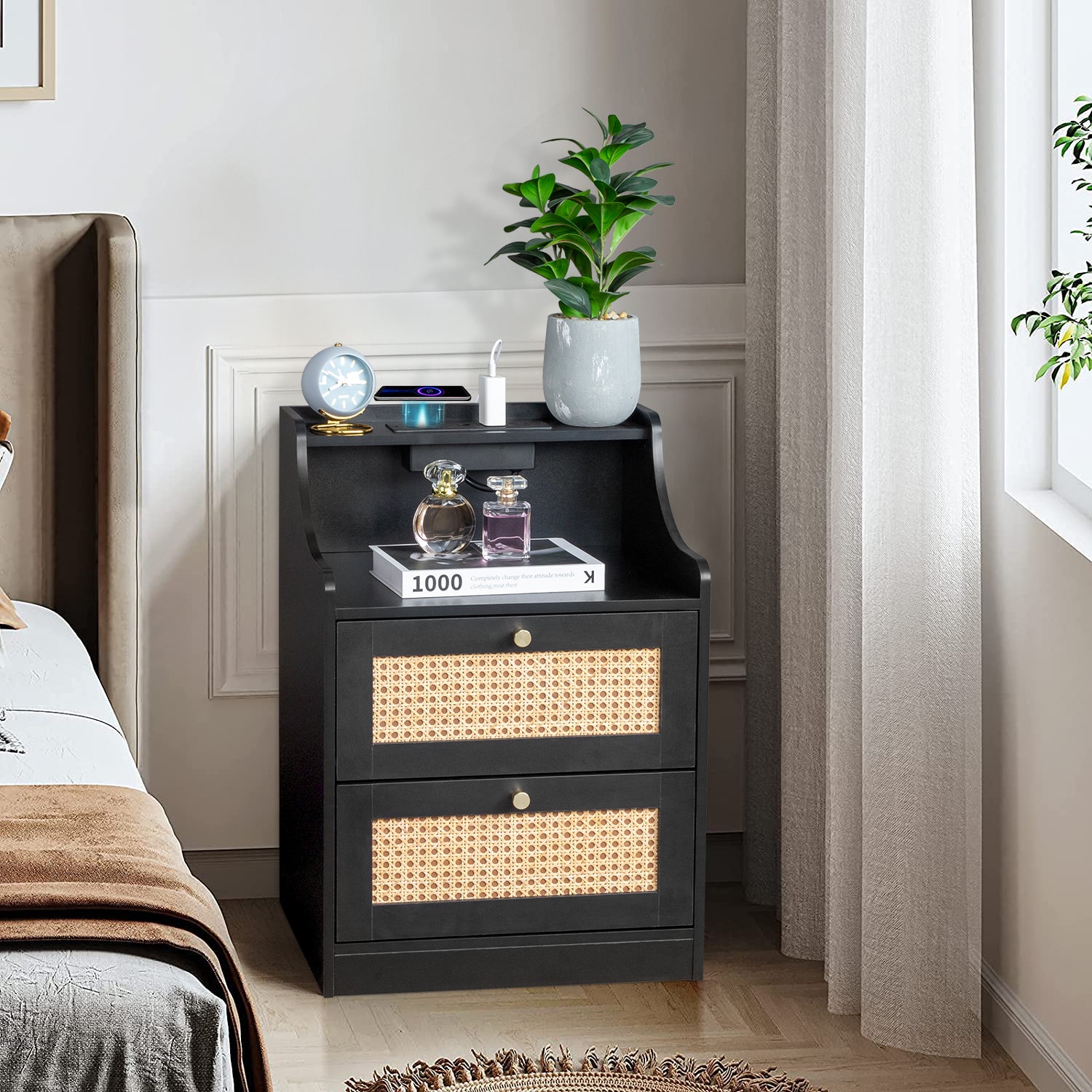 Black Rattan Bedside Tables