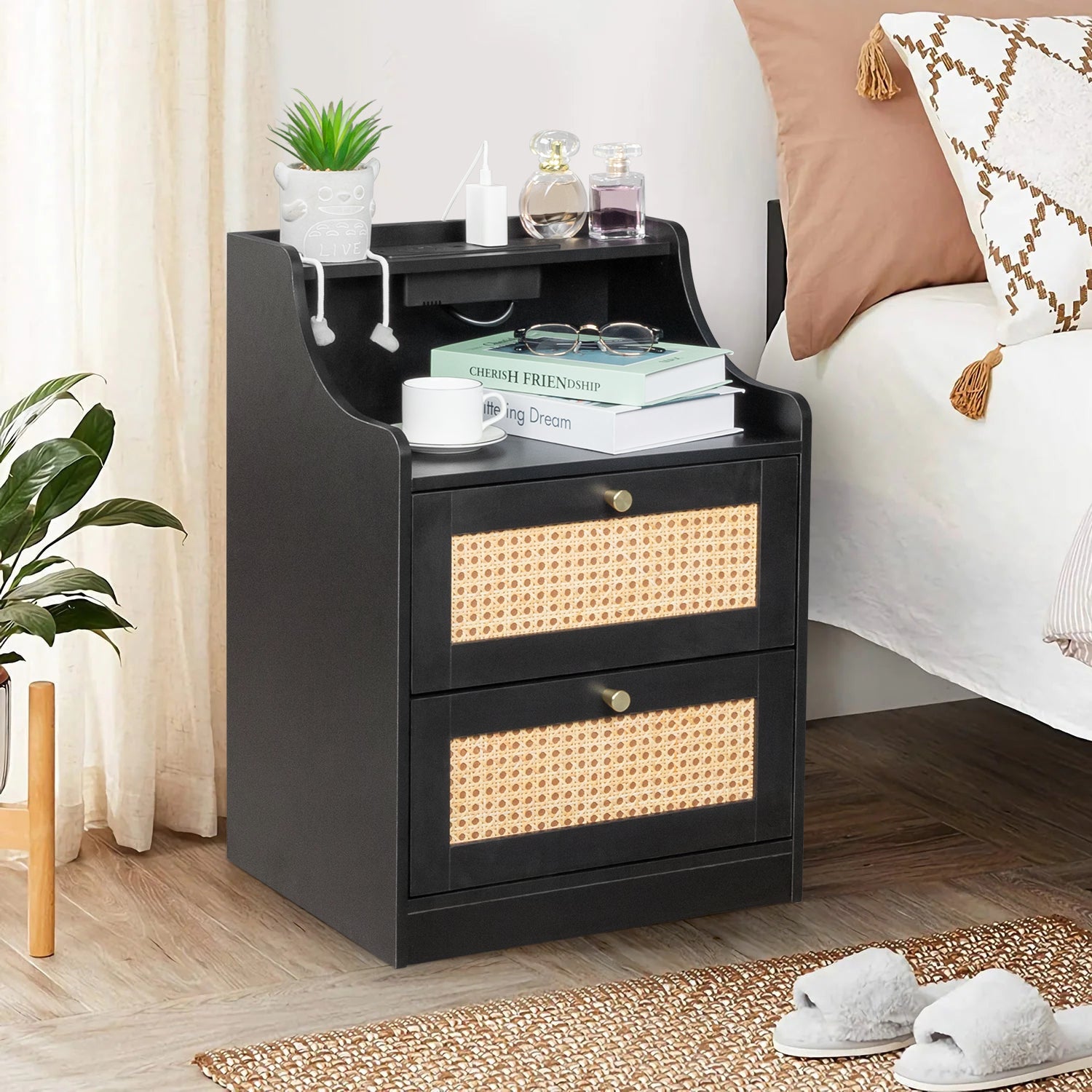 Black Rattan Bedside Tables