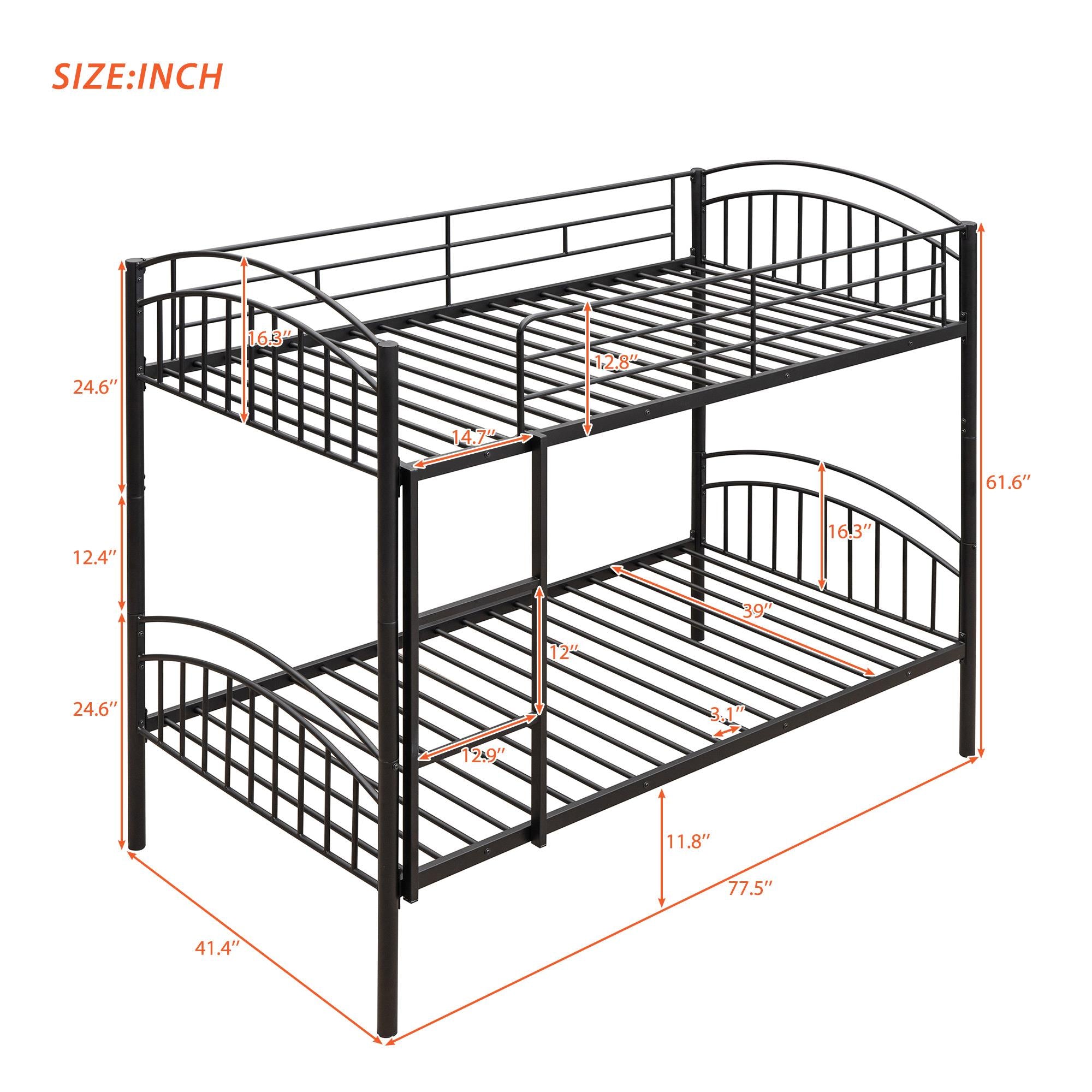Twin Over Twin Metal Bunk Bed,Divided into Two Beds(Black)