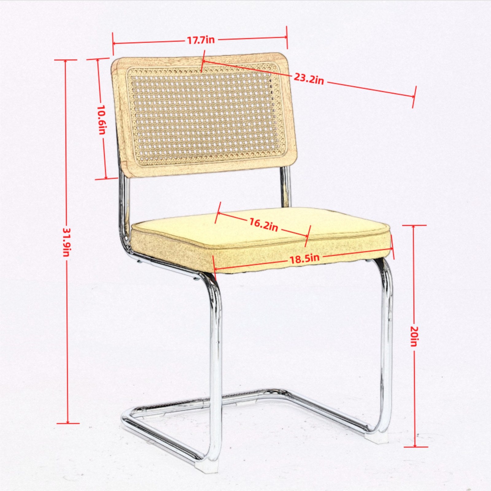 Mid Century Modern Dining Chairs Set of 2, Velvet Accent Chairs with Natural Cane Back & Stainless Chrome Base, Famous Breuer Designed Chairs, Upholstered Rattan Kitchen Chairs,Beige