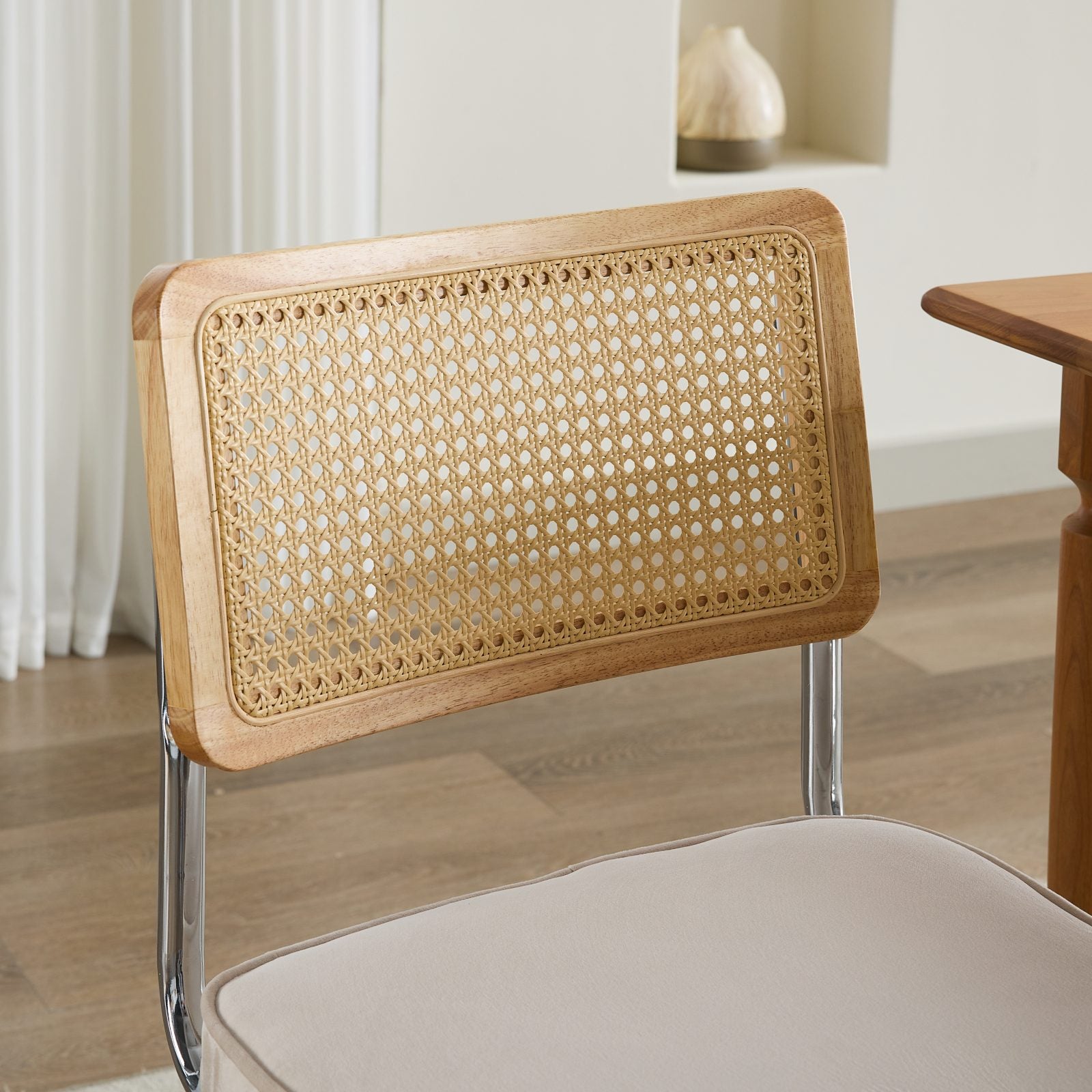 Mid Century Modern Dining Chairs Set of 2, Velvet Accent Chairs with Natural Cane Back & Stainless Chrome Base, Famous Breuer Designed Chairs, Upholstered Rattan Kitchen Chairs,Beige