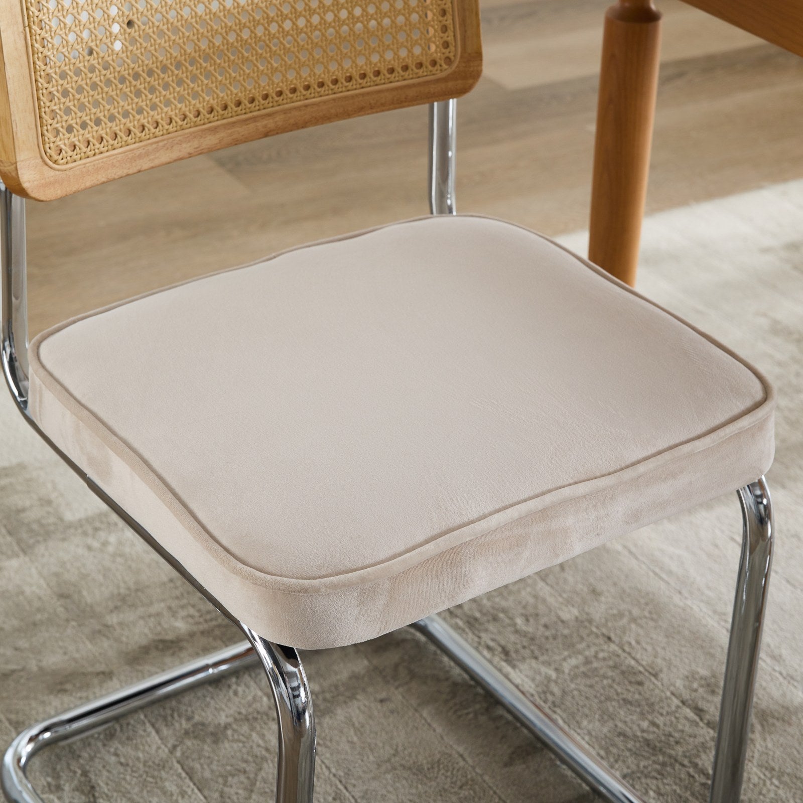 Mid Century Modern Dining Chairs Set of 2, Velvet Accent Chairs with Natural Cane Back & Stainless Chrome Base, Famous Breuer Designed Chairs, Upholstered Rattan Kitchen Chairs,Beige