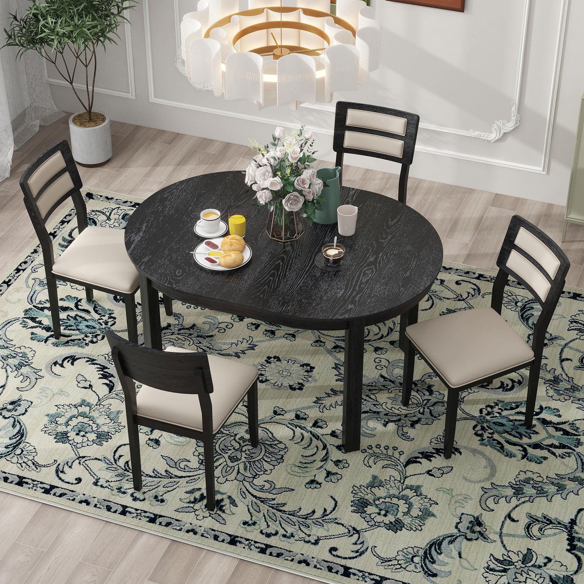 5-Piece Farmhouse Round Pedestal Extending Dining Table Set for 4