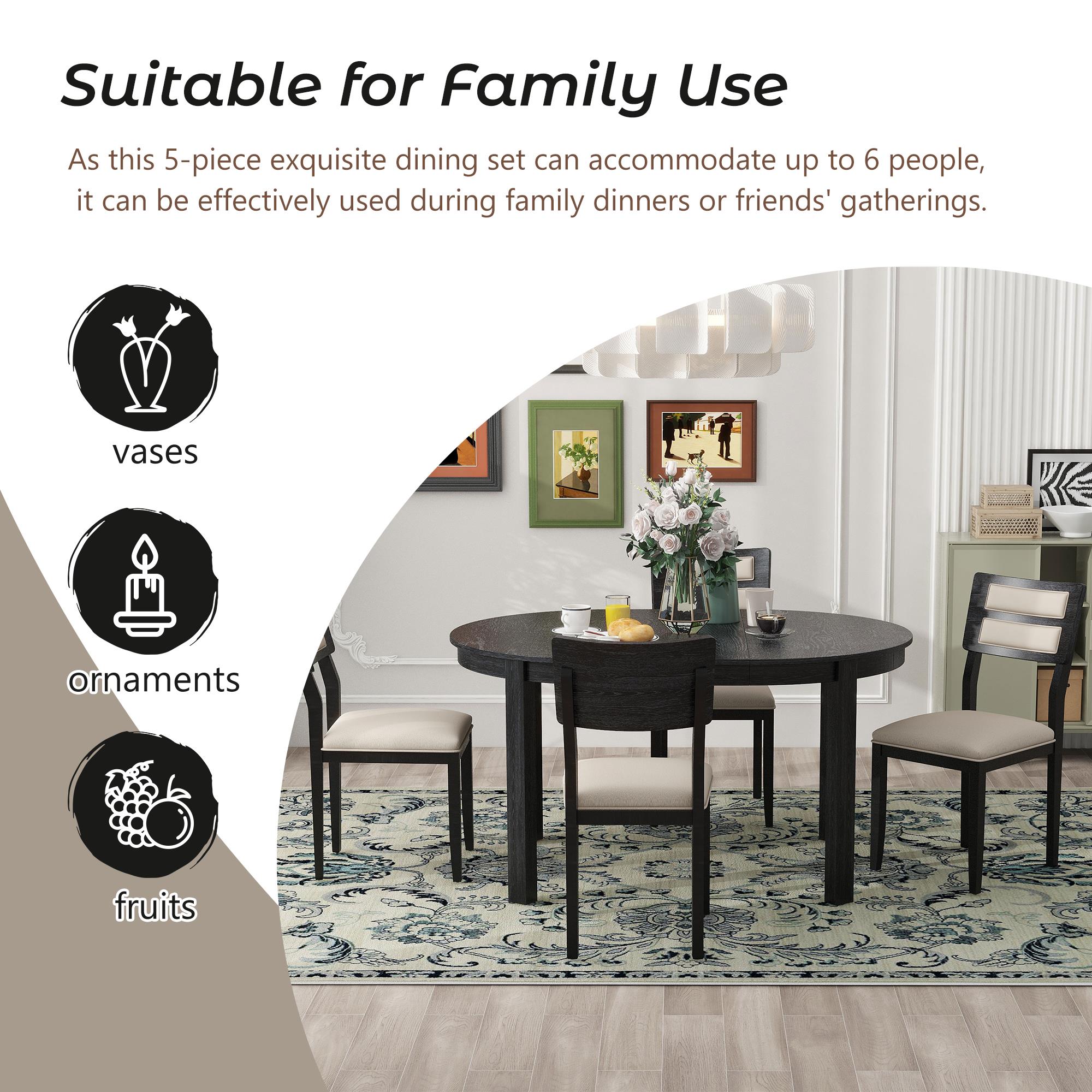 5-Piece Farmhouse Round Pedestal Extending Dining Table Set for 4