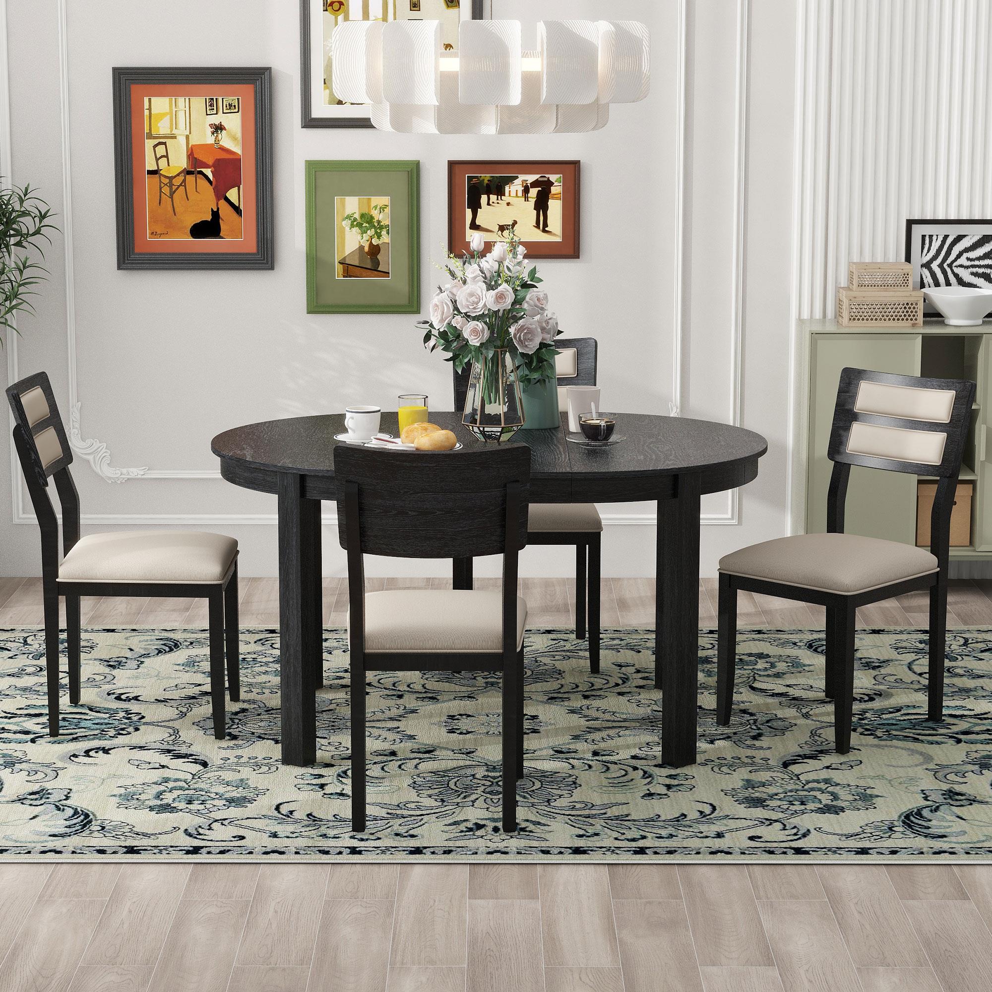 5-Piece Farmhouse Round Pedestal Extending Dining Table Set for 4