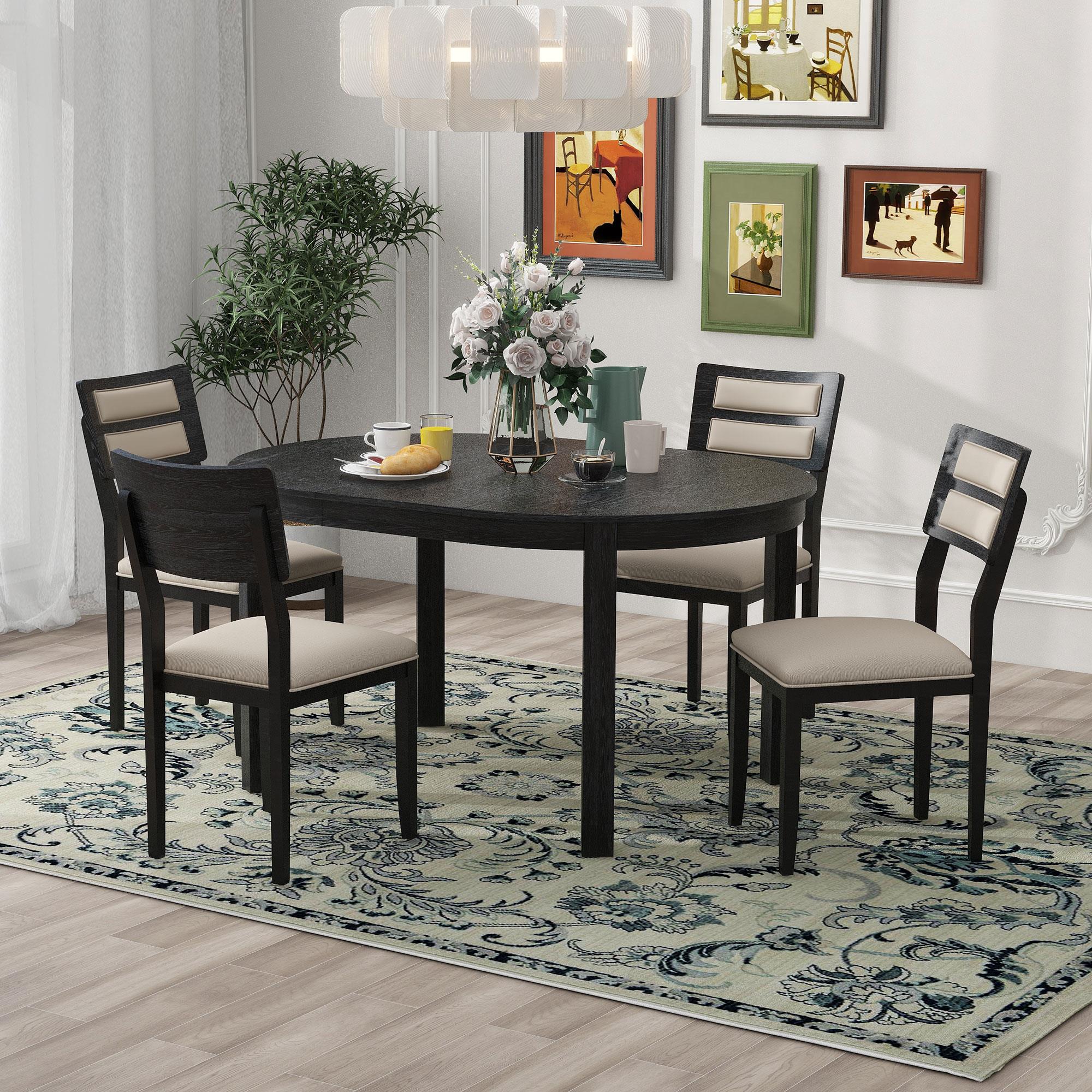 5-Piece Farmhouse Round Pedestal Extending Dining Table Set for 4