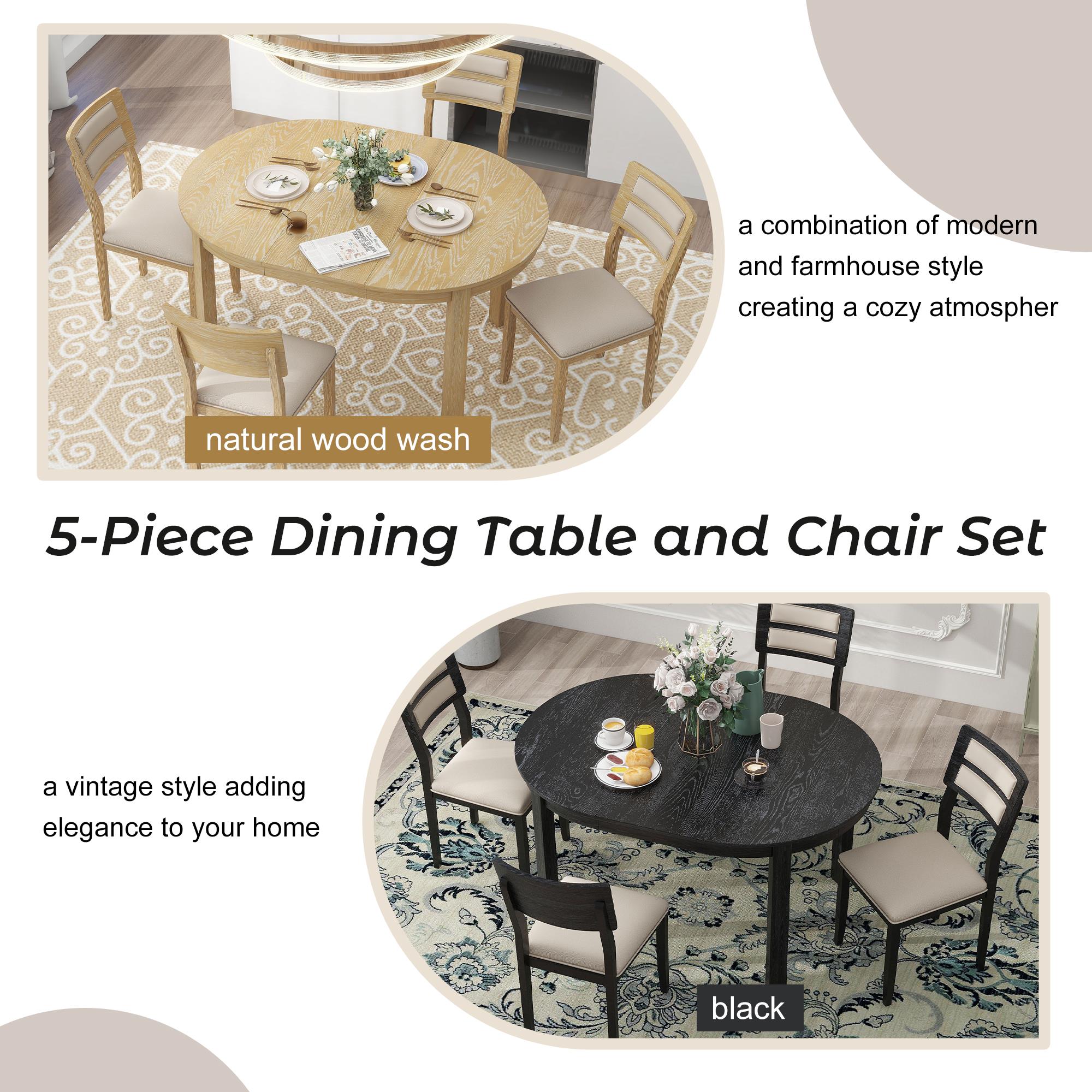 5-Piece Farmhouse Round Pedestal Extending Dining Table Set for 4