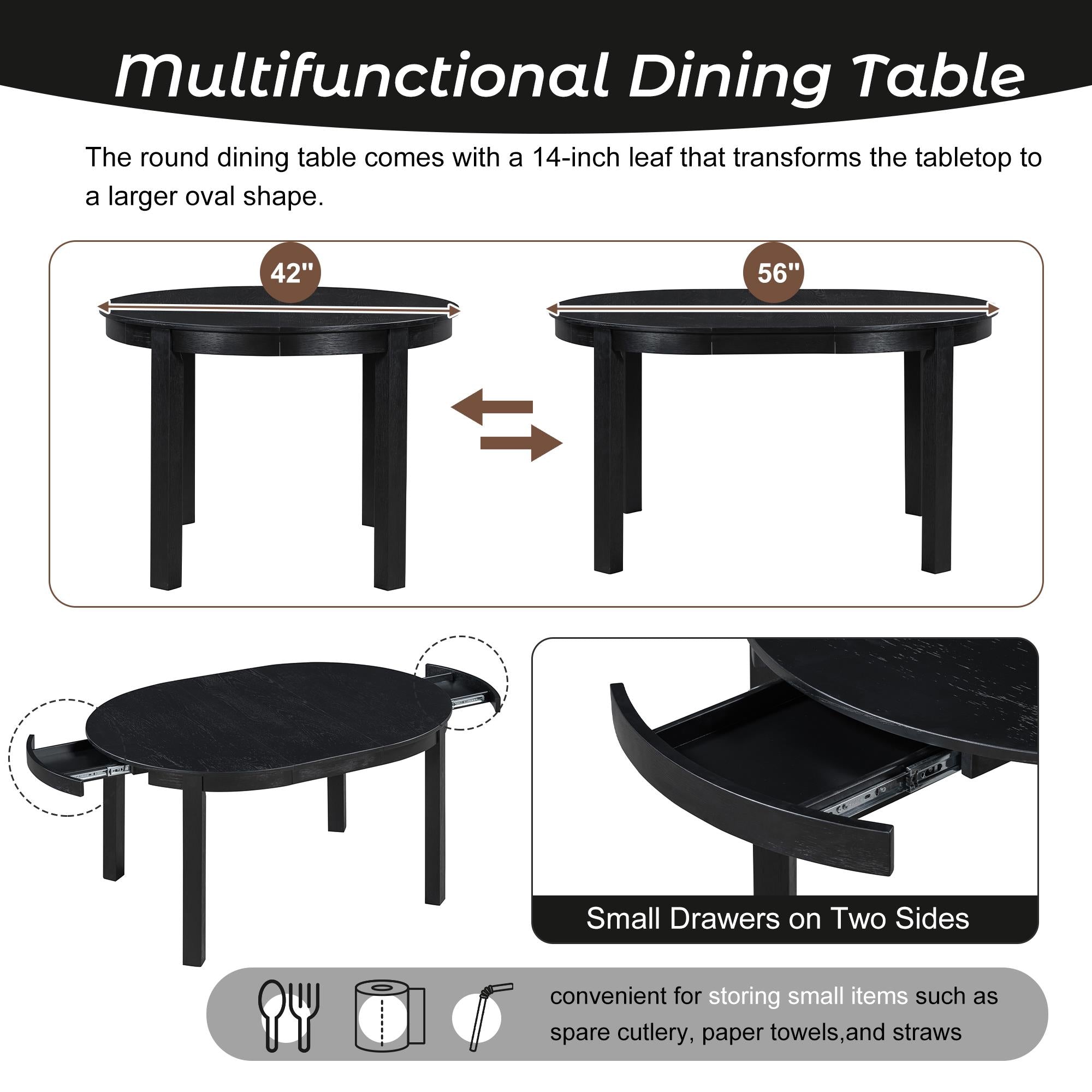 5-Piece Farmhouse Round Pedestal Extending Dining Table Set for 4